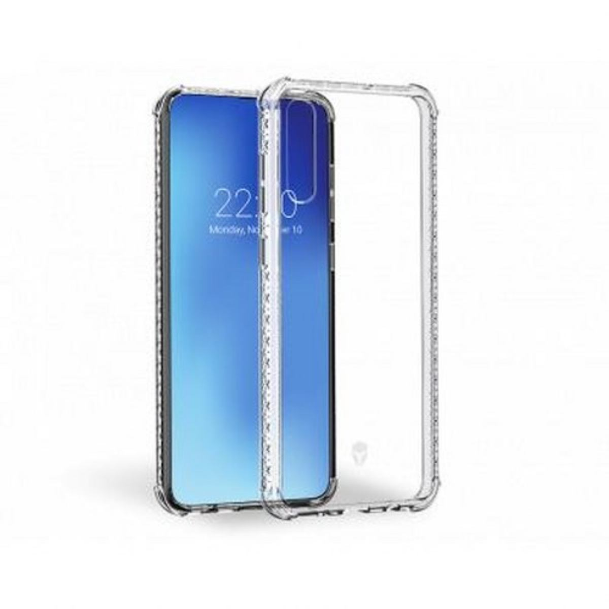 Transparente Handyhülle mit einem Telefon, das einen blauen Bildschirm anzeigt. Hintergrund: weiß.