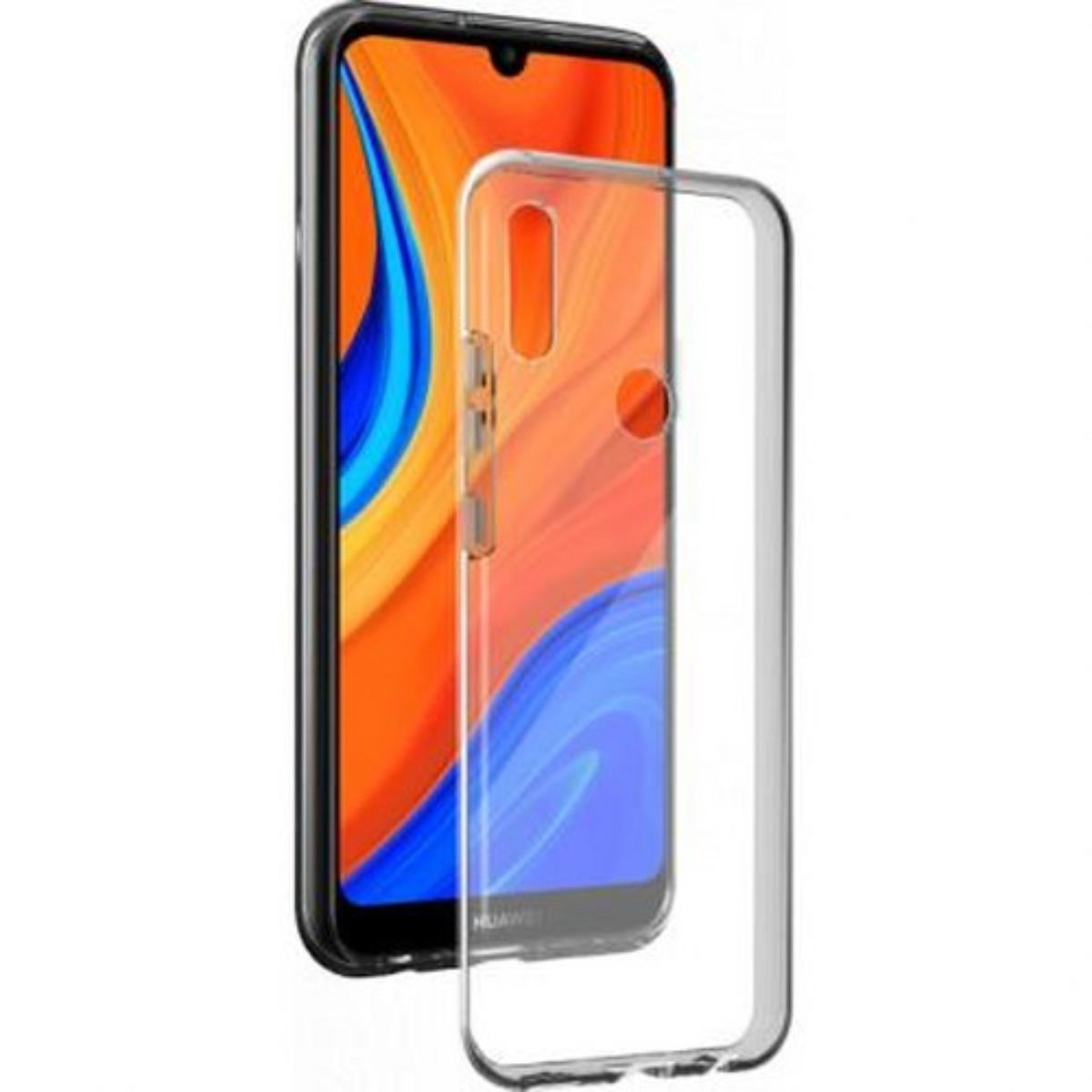Custodia trasparente per telefono con telefono che mostra uno schermo colorato. Sfondo: bianco.