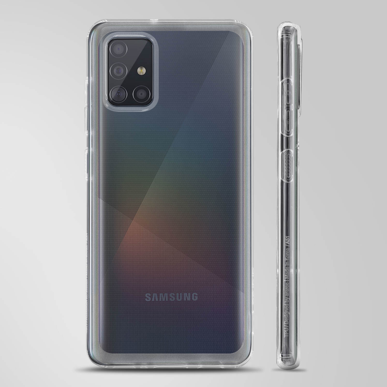 Un telefono con una custodia trasparente su sfondo bianco. Il telefono è angolato di lato.