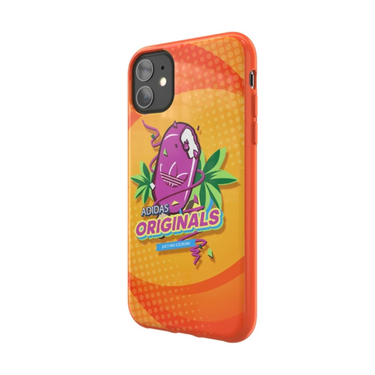 Custodia arancione per telefono con logo Adidas, grafica gelato. Sfondo: arancione, pois bianchi.