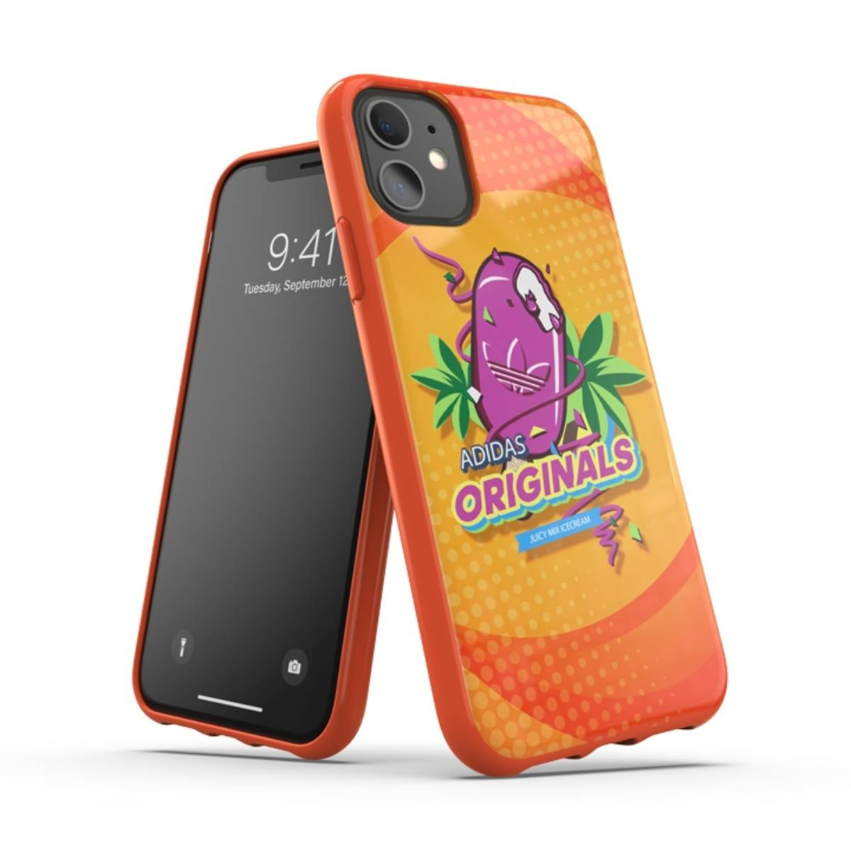 iPhone con custodia. La custodia ha un design con testo e illustrazione di gelato.