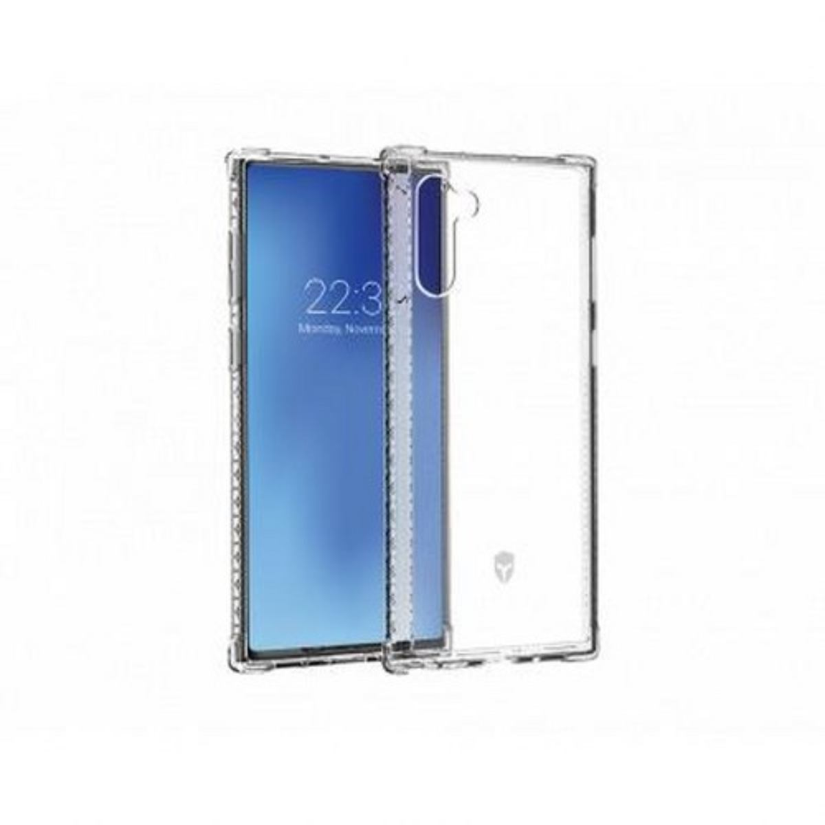 Custodia trasparente per telefono con illustrazioni e testo. Sfondo bianco.