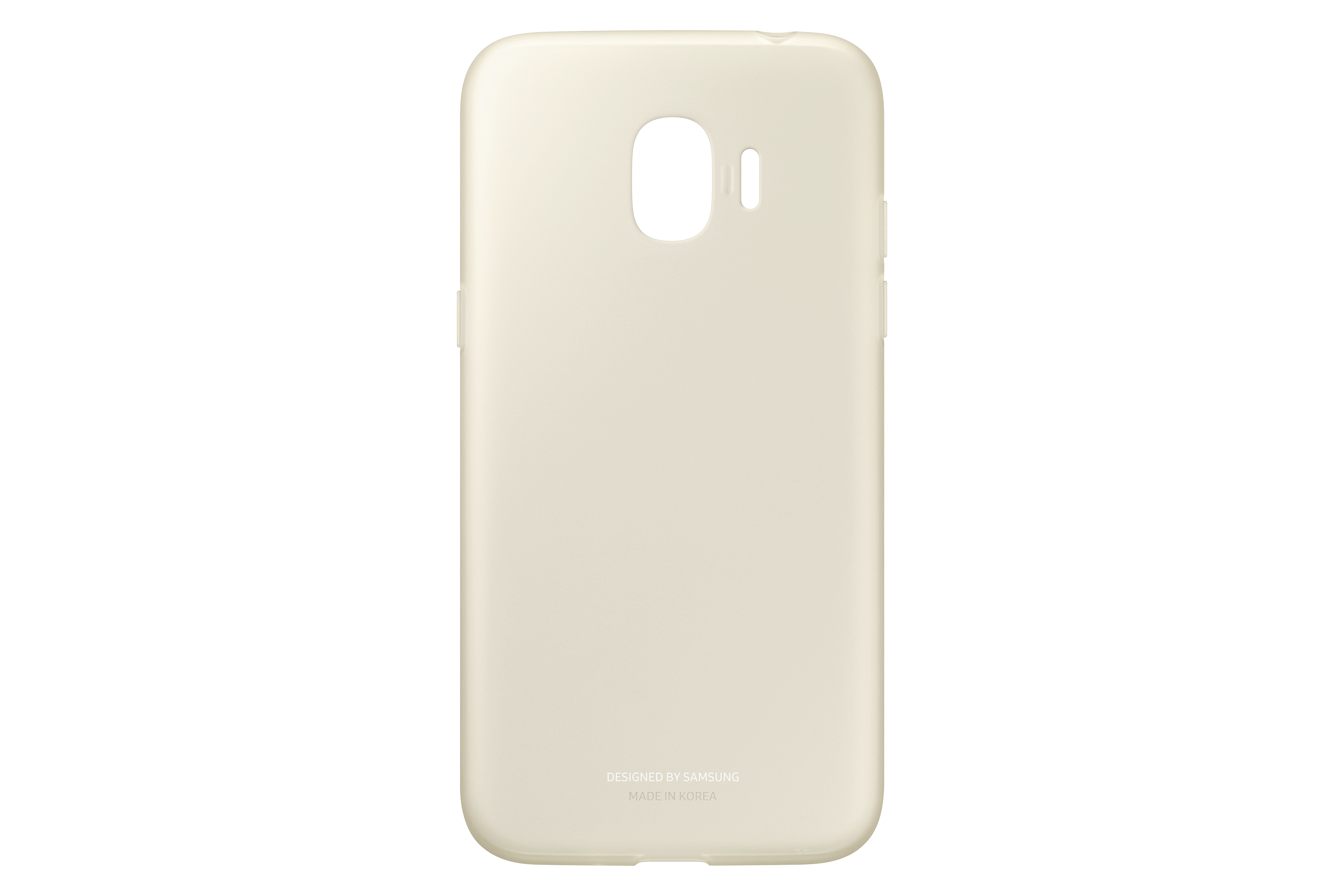 Retro di una custodia beige. La custodia ha un foro per la fotocamera ed è progettata da Samsung.