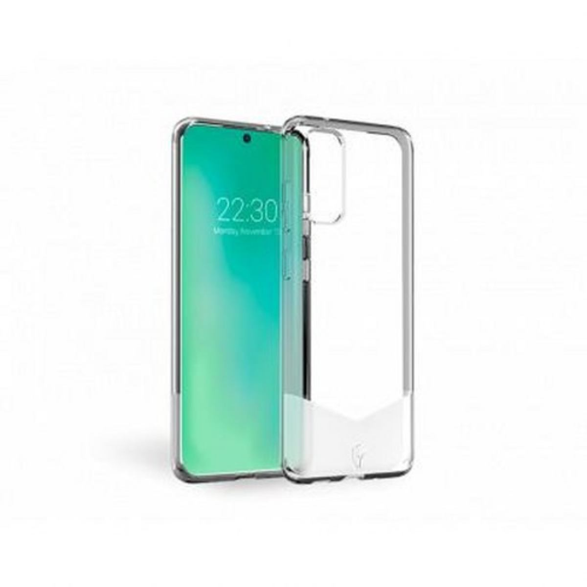 Custodia trasparente con schermo verde. Il telefono mostra l'ora e la data su sfondo verde.
