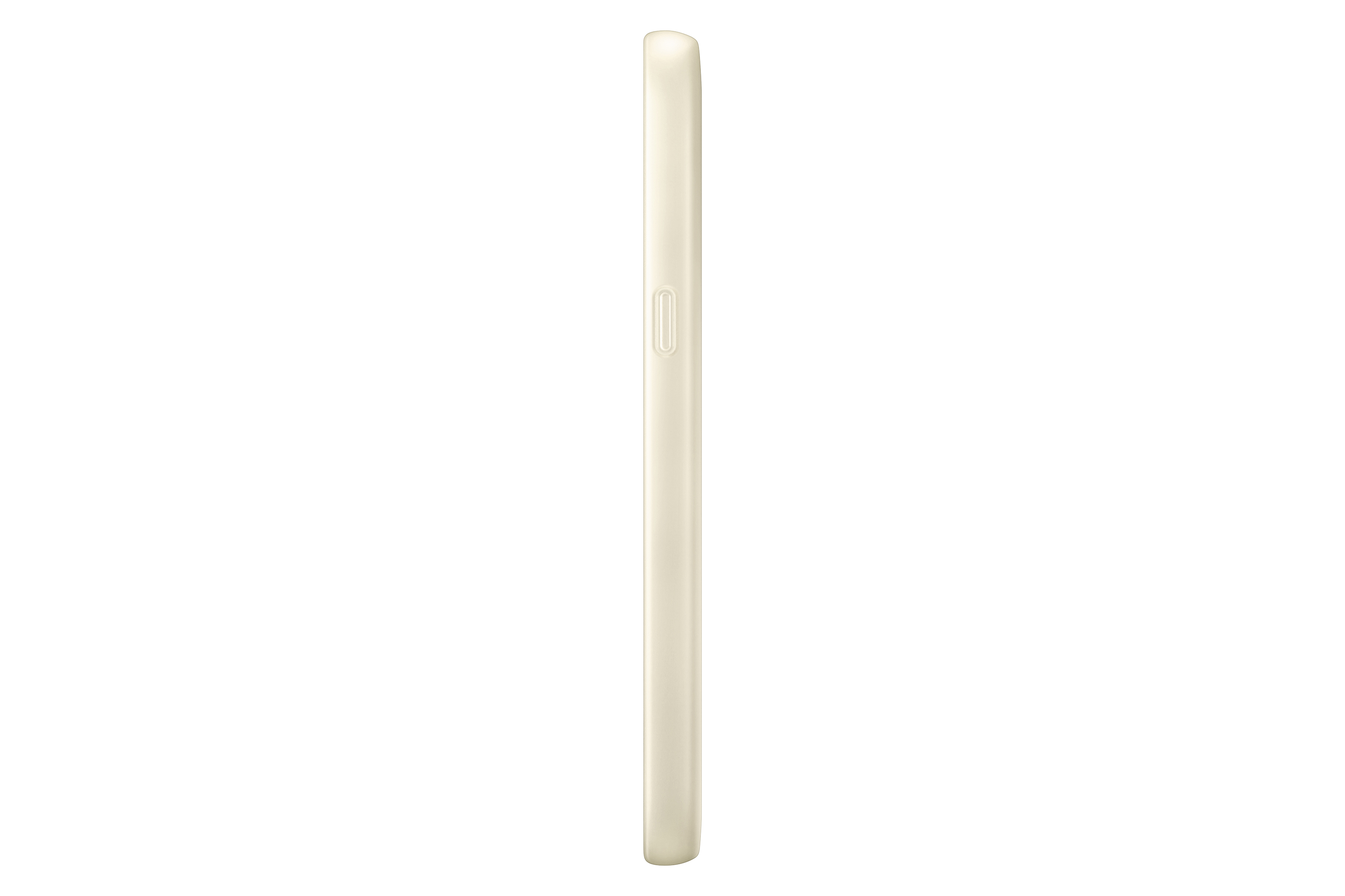 Una vista laterale di una custodia beige per telefono. Ha una superficie liscia e bordi arrotondati. È un colore uniforme.