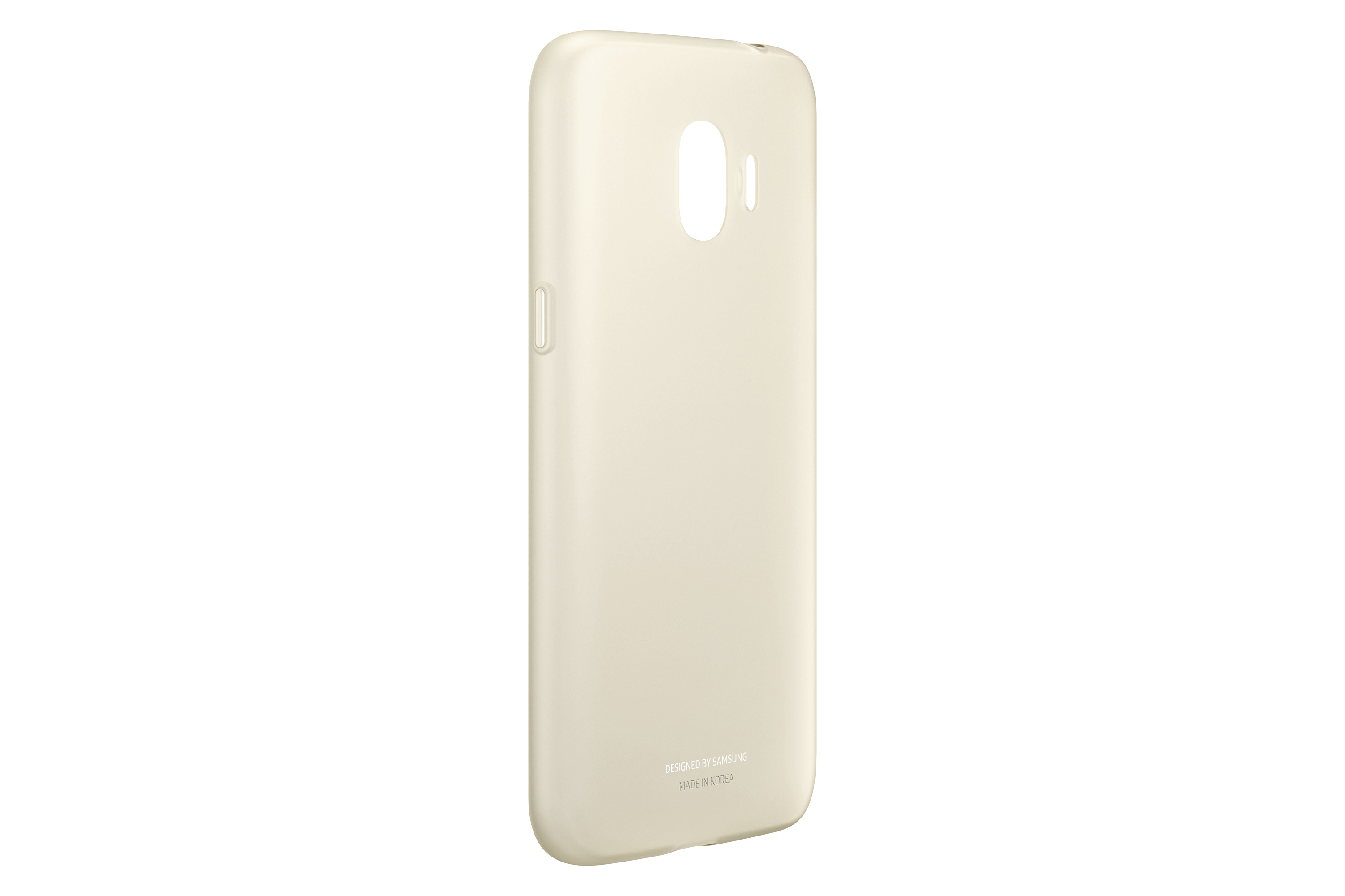 Una custodia beige per telefono, con una superficie liscia. La custodia è su una superficie bianca. Ha ritagli per i pulsanti e la fotocamera.