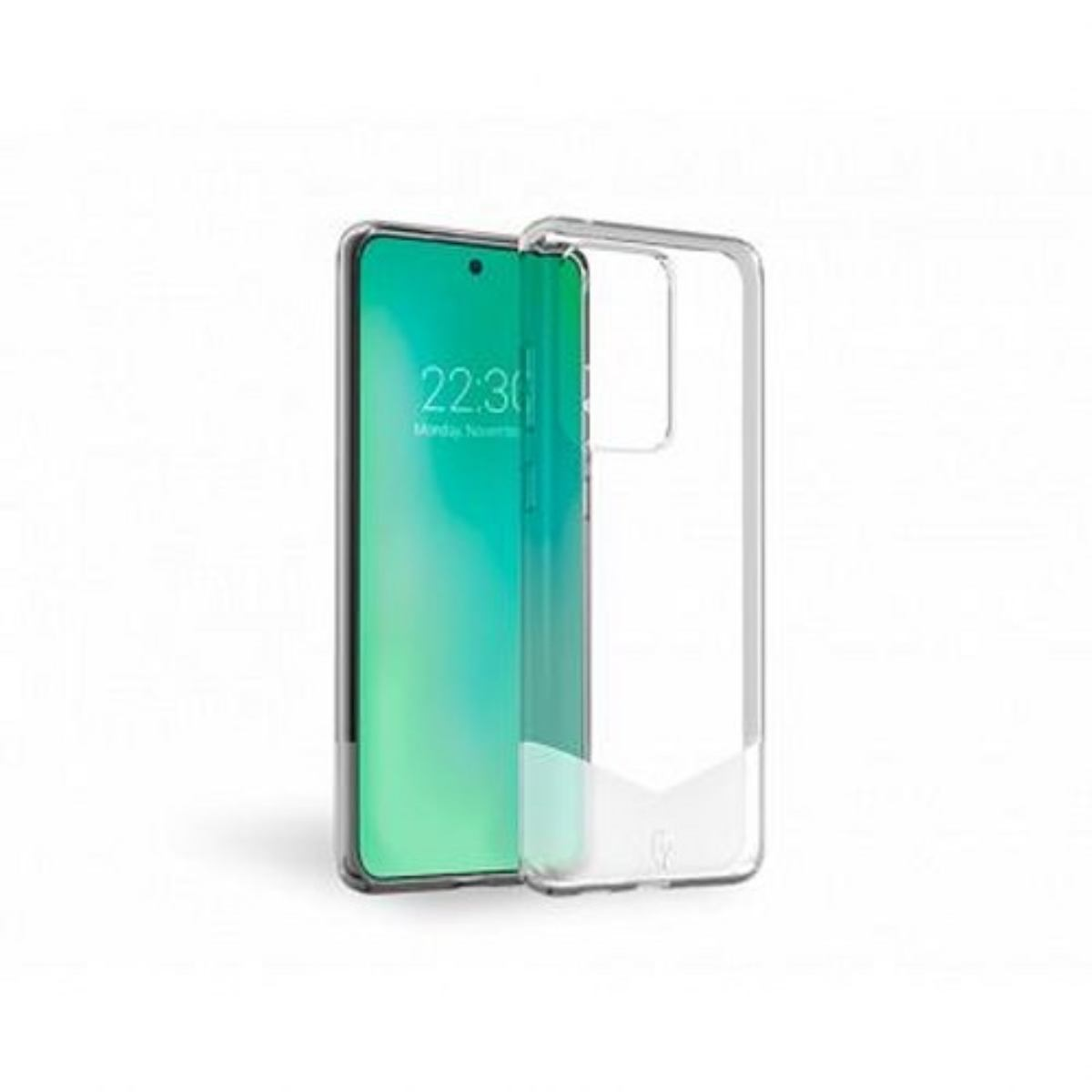 Custodia trasparente per telefono. All'interno un telefono con schermo verde che mostra l'ora. La custodia mostra un logo in basso.