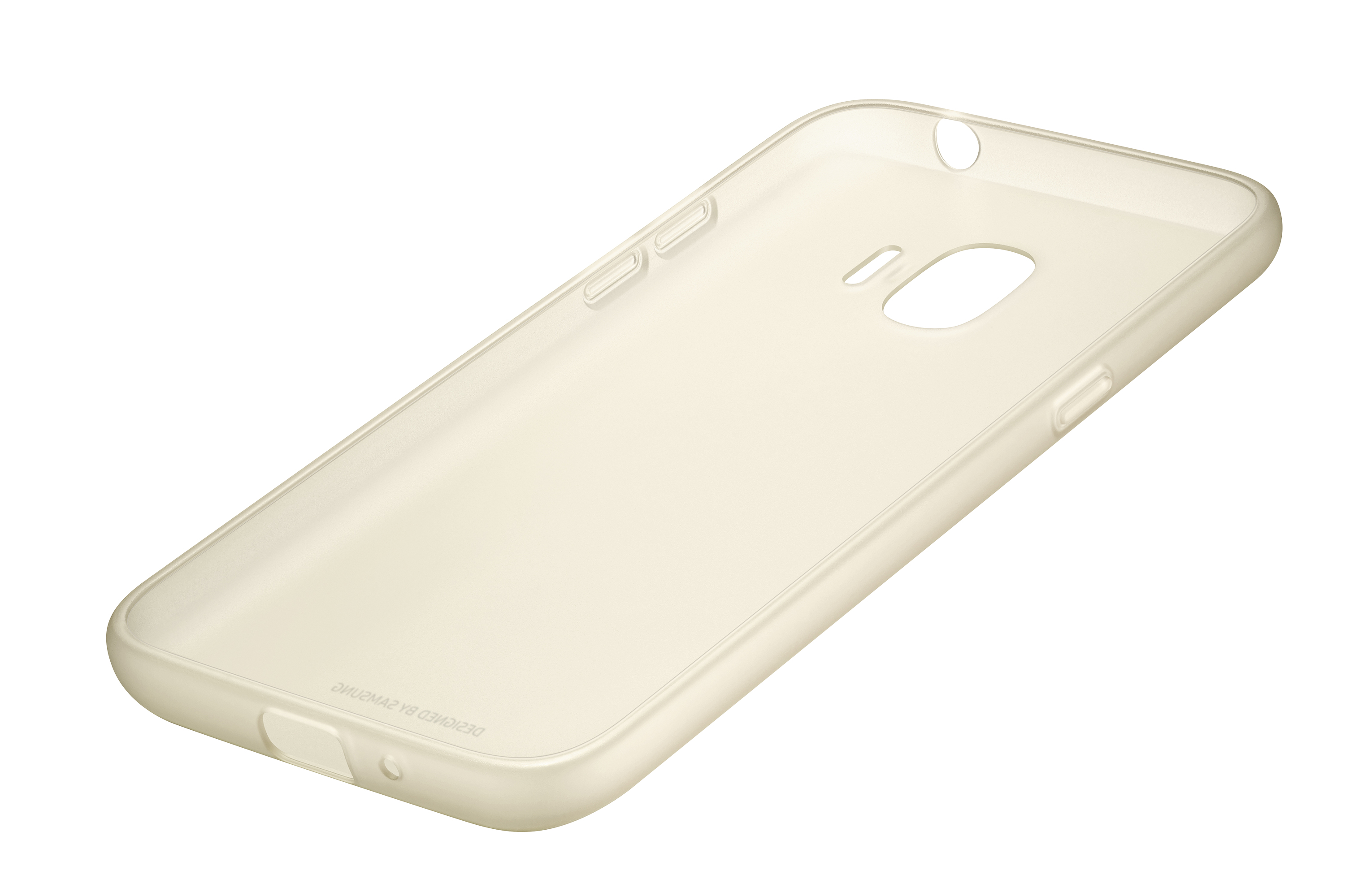 Custodia beige. La custodia è a tinta unita e ha un foro per la fotocamera. Il marchio Samsung è stampato.