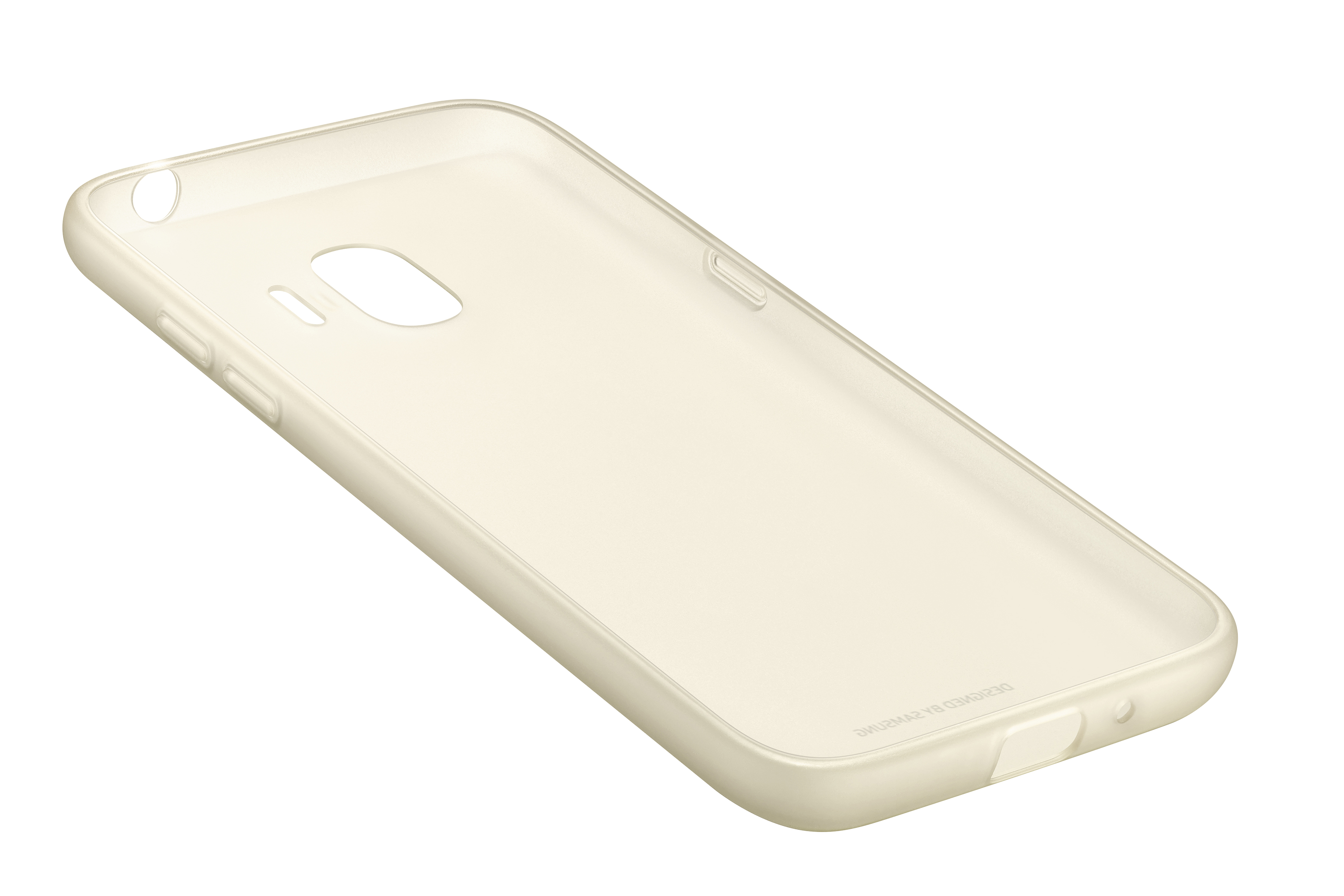 Una custodia beige per telefono. La custodia è a tinta unita, con ritagli per la fotocamera e i pulsanti. Ha un logo.