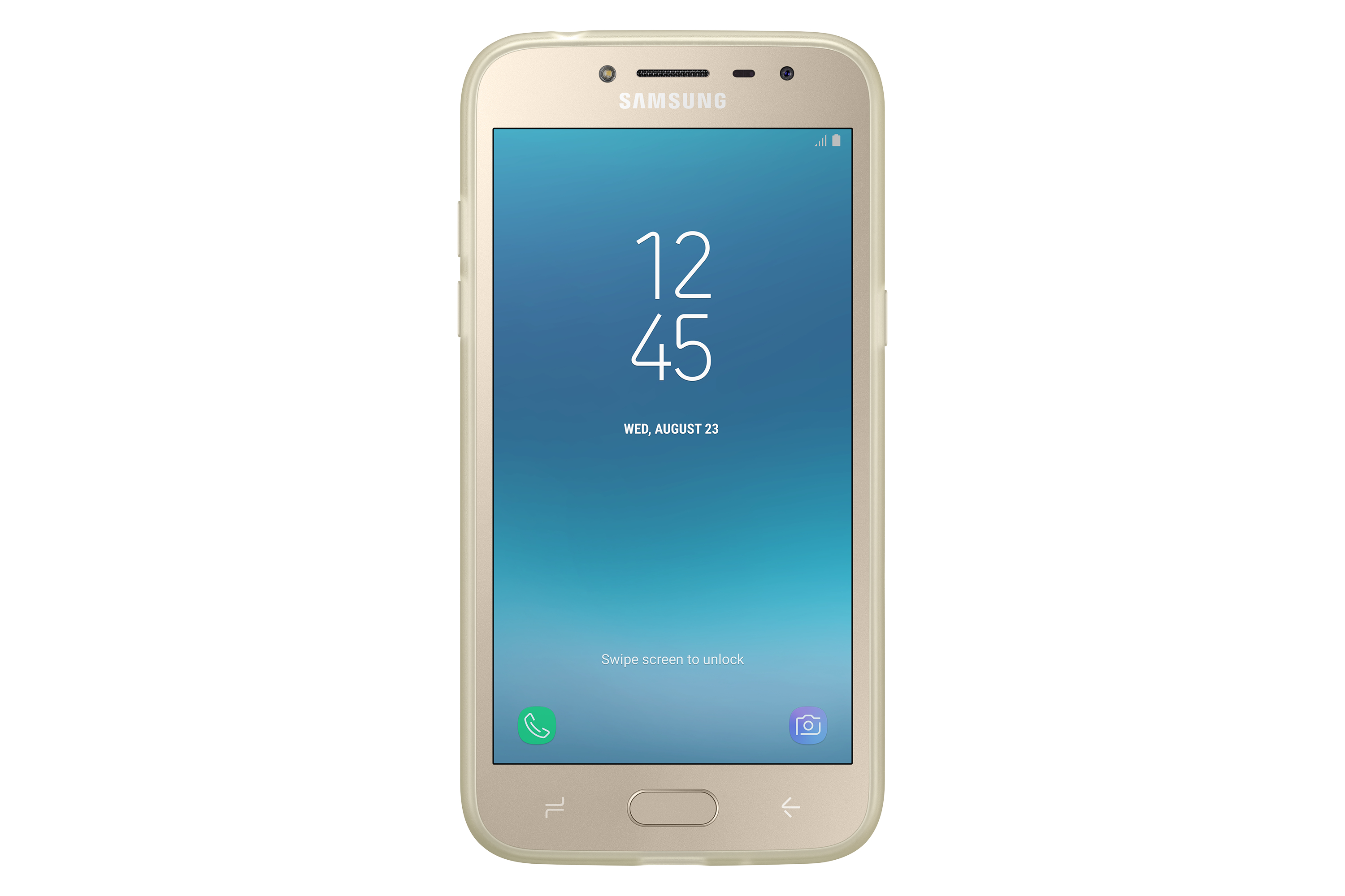 Uno smartphone d'oro che mostra un orologio e una data sullo schermo, su sfondo bianco.