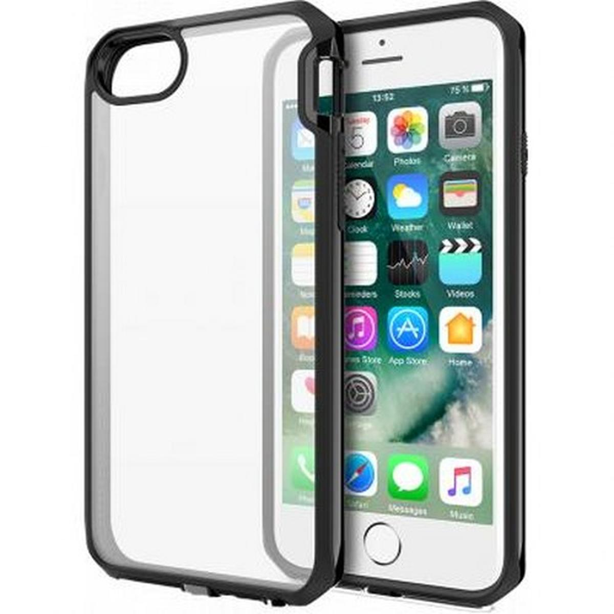 Una custodia nera per telefono è su un iPhone bianco. Il telefono mostra icone di app sullo schermo. La custodia ha il retro trasparente.