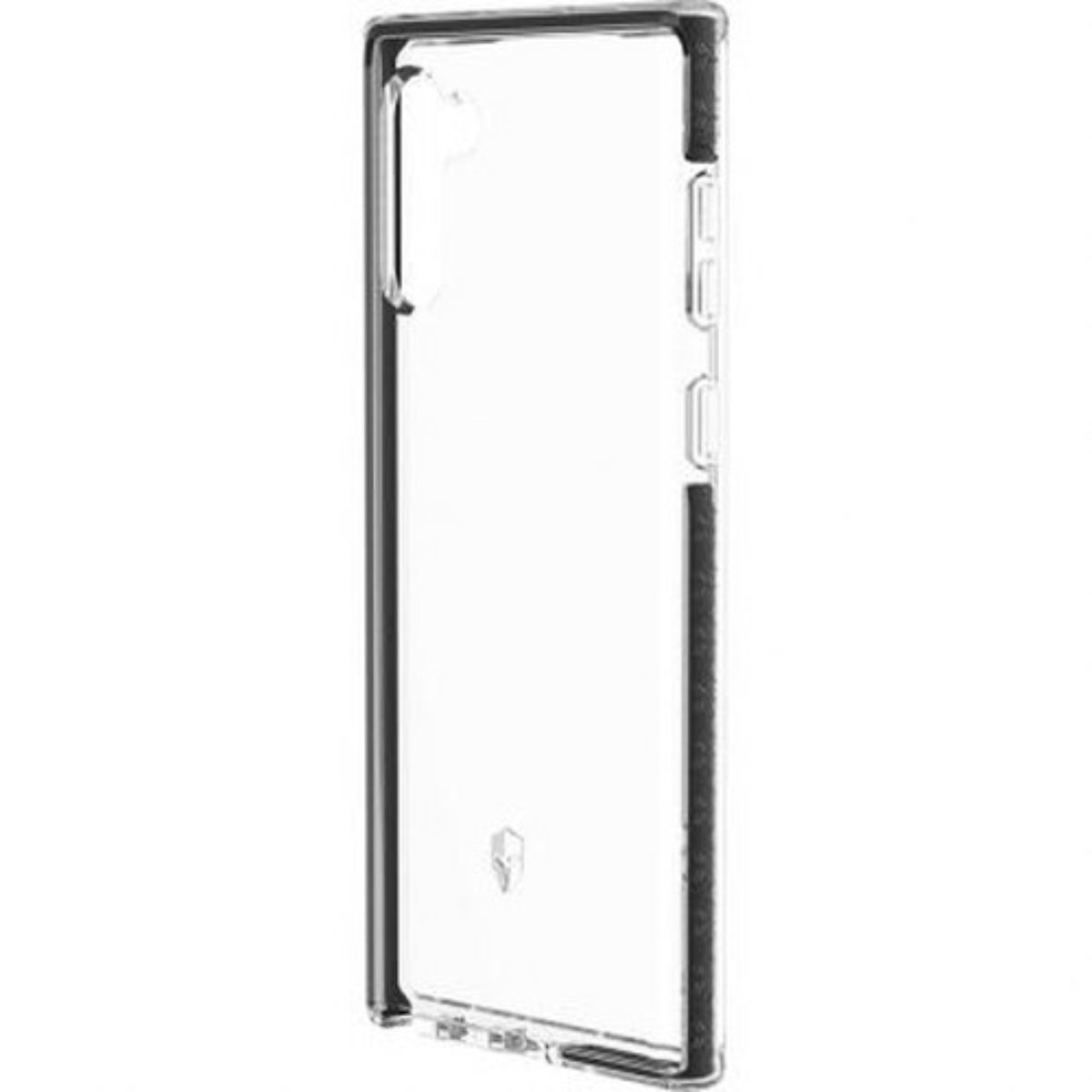 Custodia trasparente per telefono. Ha una cornice trasparente e un retro trasparente, con pulsanti laterali visibili.