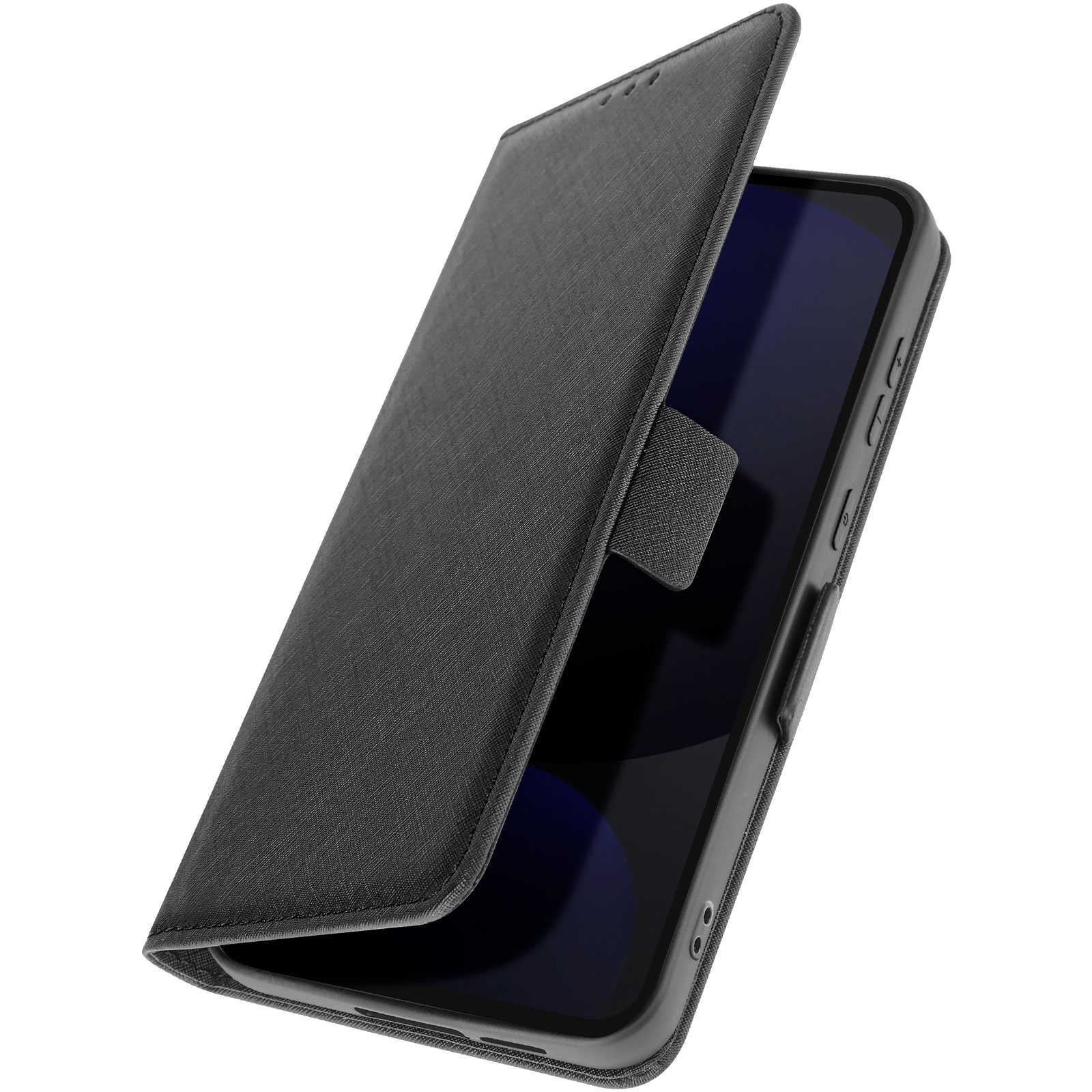 Czarne etui na telefon, otwarte. Telefon w środku z ciemnoniebieskim wyświetlaczem. Etui ma klapę.