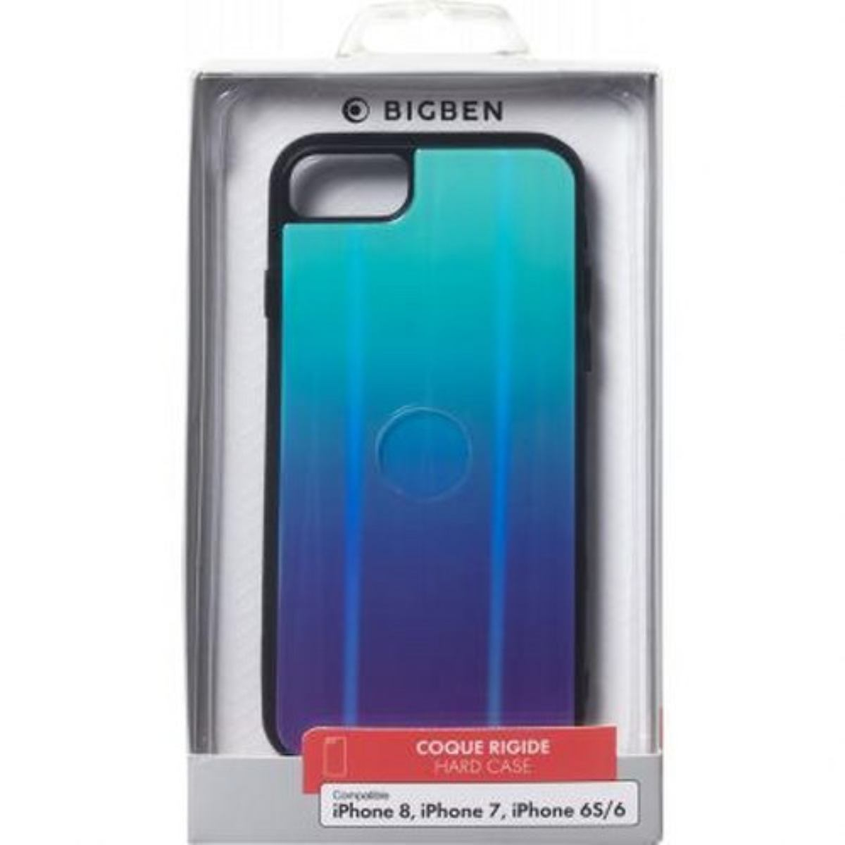 Custodia per telefono in confezione, sfumatura blu e verde, dettagli Bigben e custodia iPhone visibili.