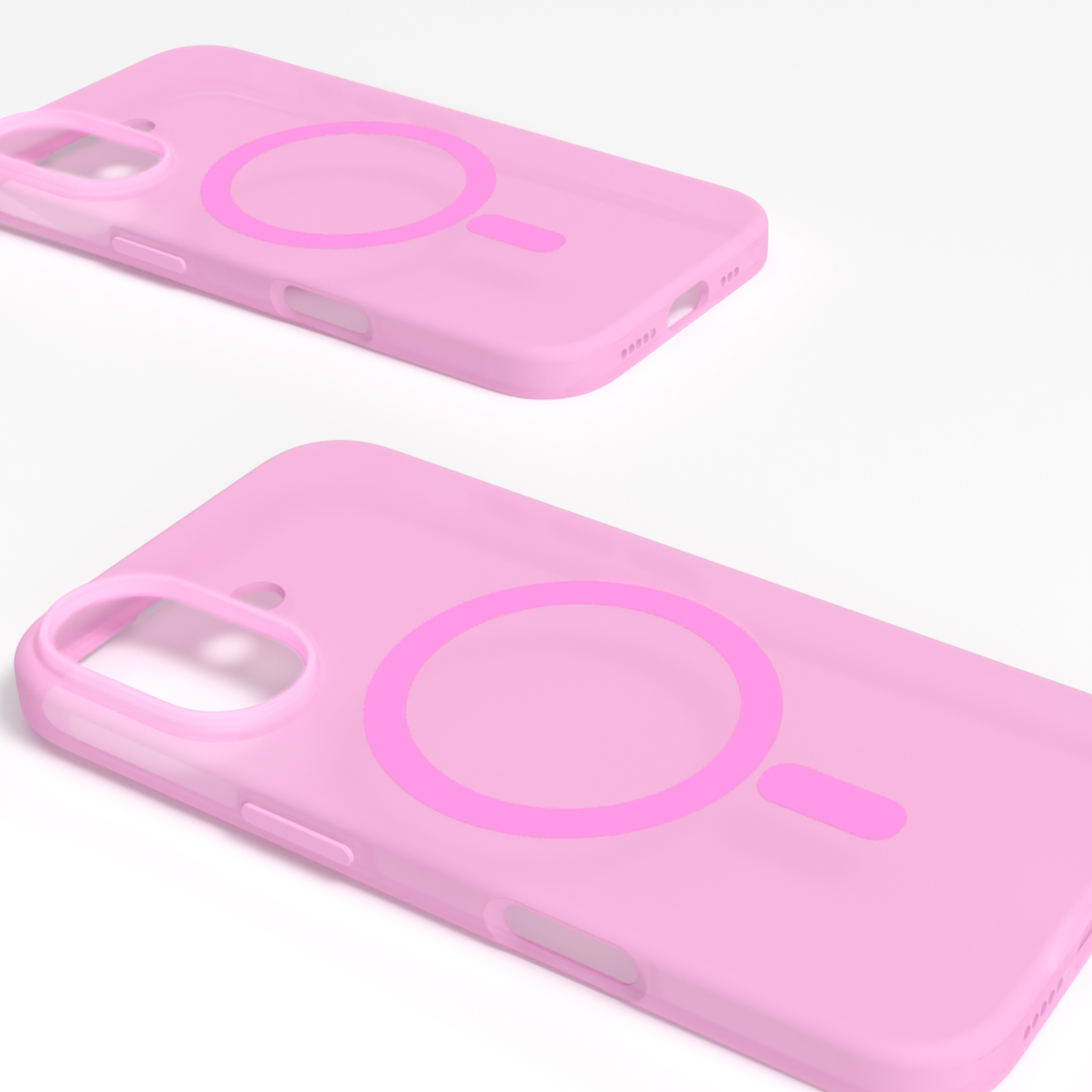 Custodie per telefono rosa con un cerchio e un trattino. Due custodie si sovrappongono su una superficie bianca.