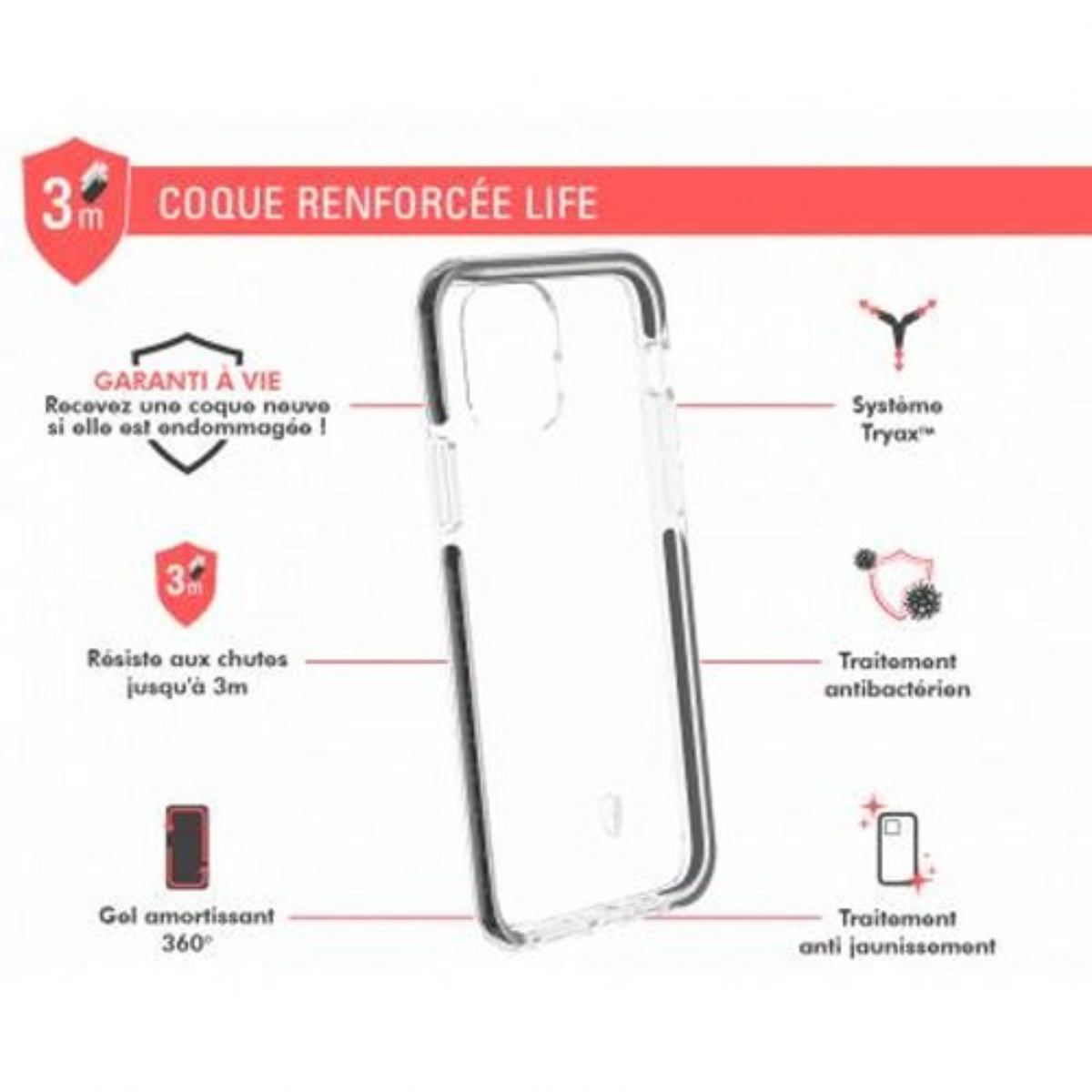 Custodia trasparente per telefono con testo e icone. Ha un bordo nero e un telefono all'interno.
