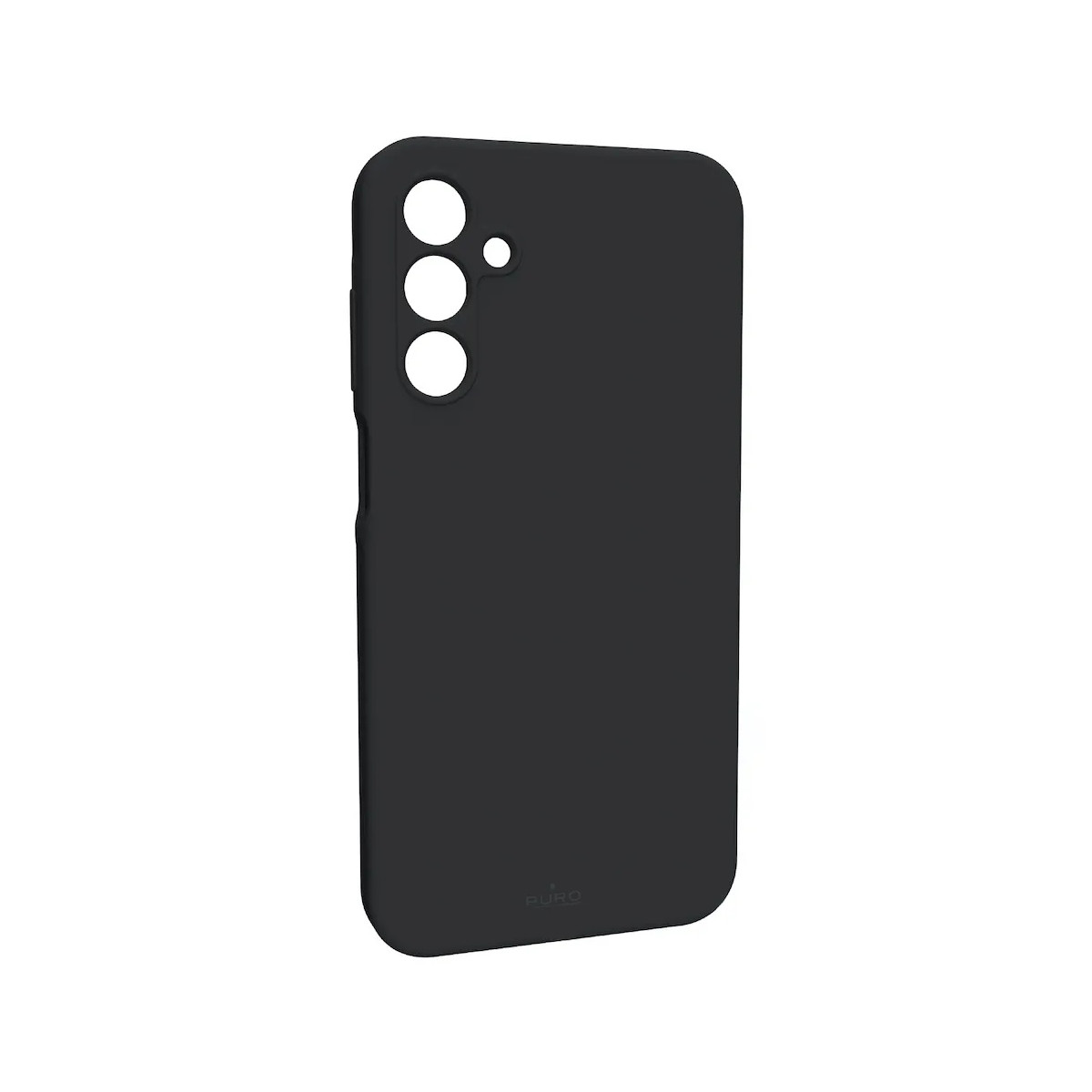 Custodia per telefono nera. Tre fori per la fotocamera e un pulsante laterale visibili. Design semplice e scuro.