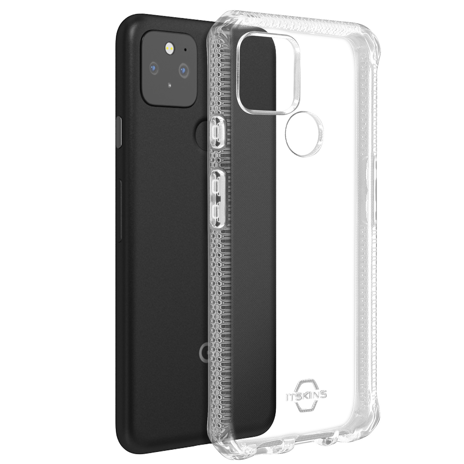 Telefono in una custodia trasparente che mostra uno schermo con un cartone animato e icone. La custodia è trasparente.