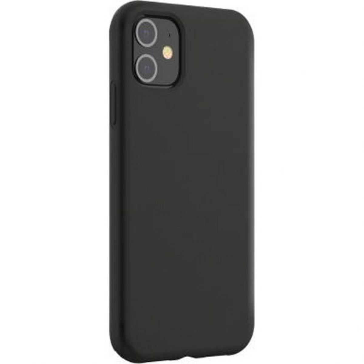 Custodia per telefono nera su sfondo bianco. Il telefono ha due fotocamere e un flash. Vista laterale.