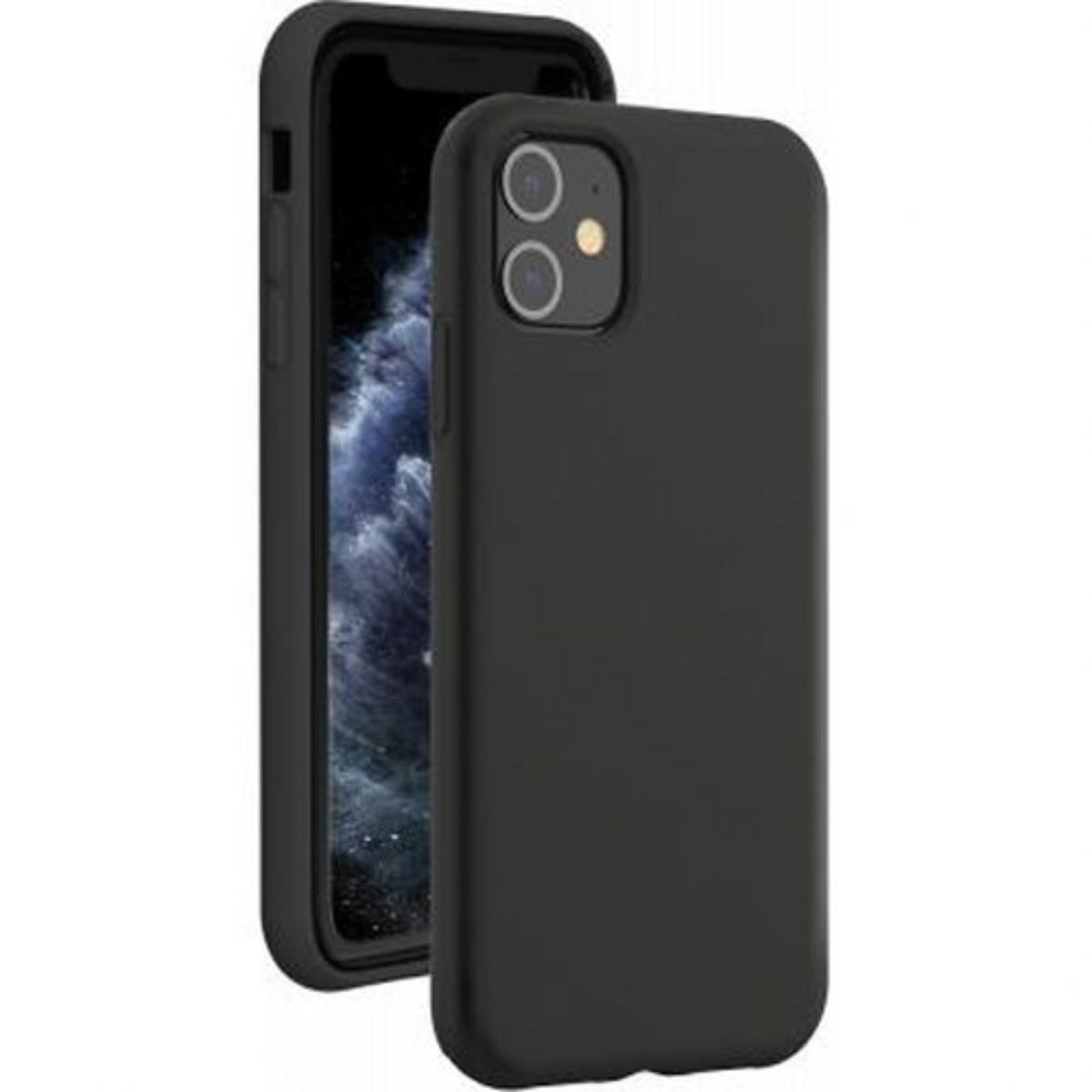 Custodia per telefono nera su un telefono nero con configurazione a doppia fotocamera.