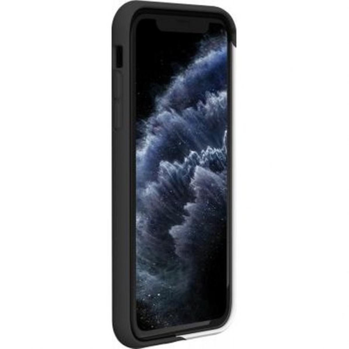 Un telefono nero in una custodia nera, che mostra lo schermo.