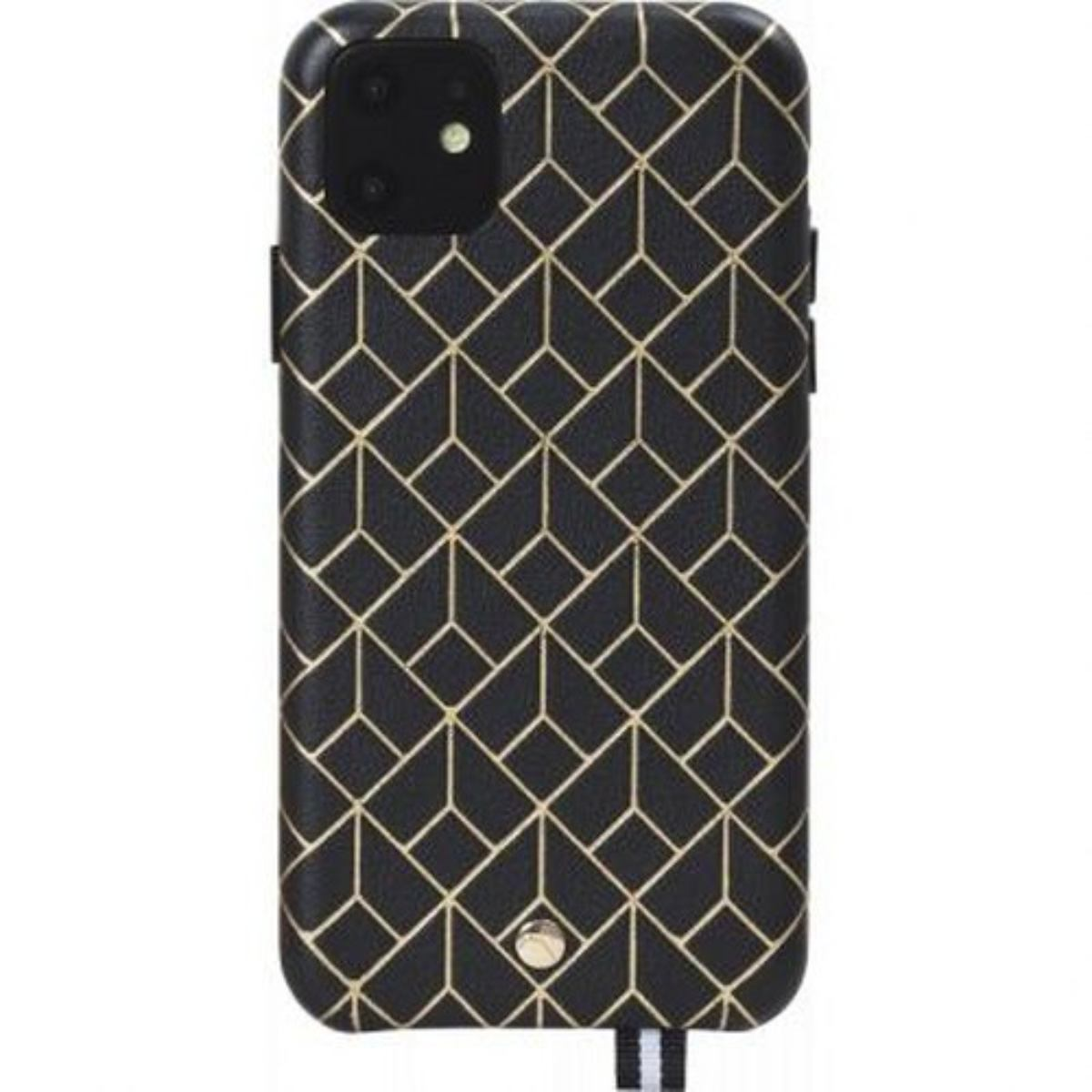 Custodia per telefono nera e oro con motivo geometrico. La custodia ha una fotocamera e un piccolo cinturino.