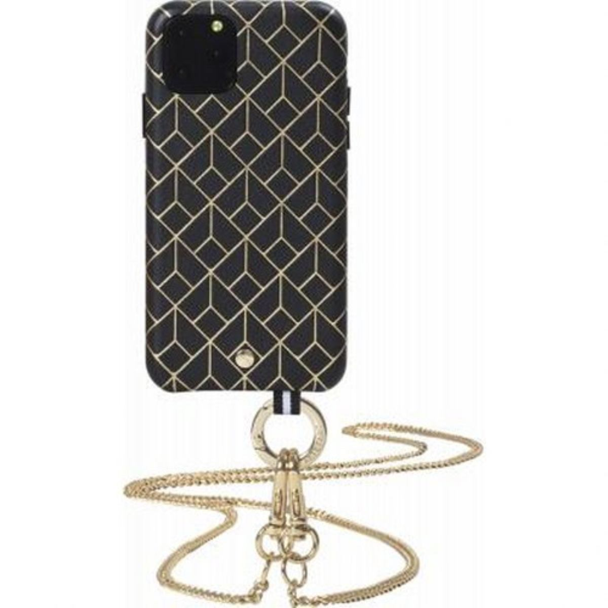Custodia per telefono nera con design geometrico dorato, attaccata a una collana a catena dorata.