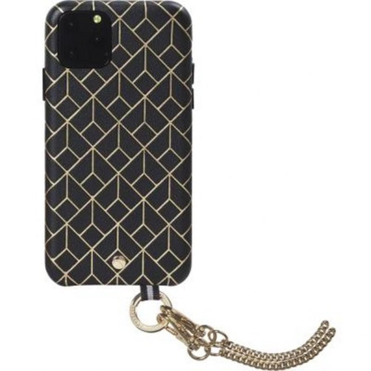 Custodia per telefono nera con motivo geometrico dorato e catena dorata.