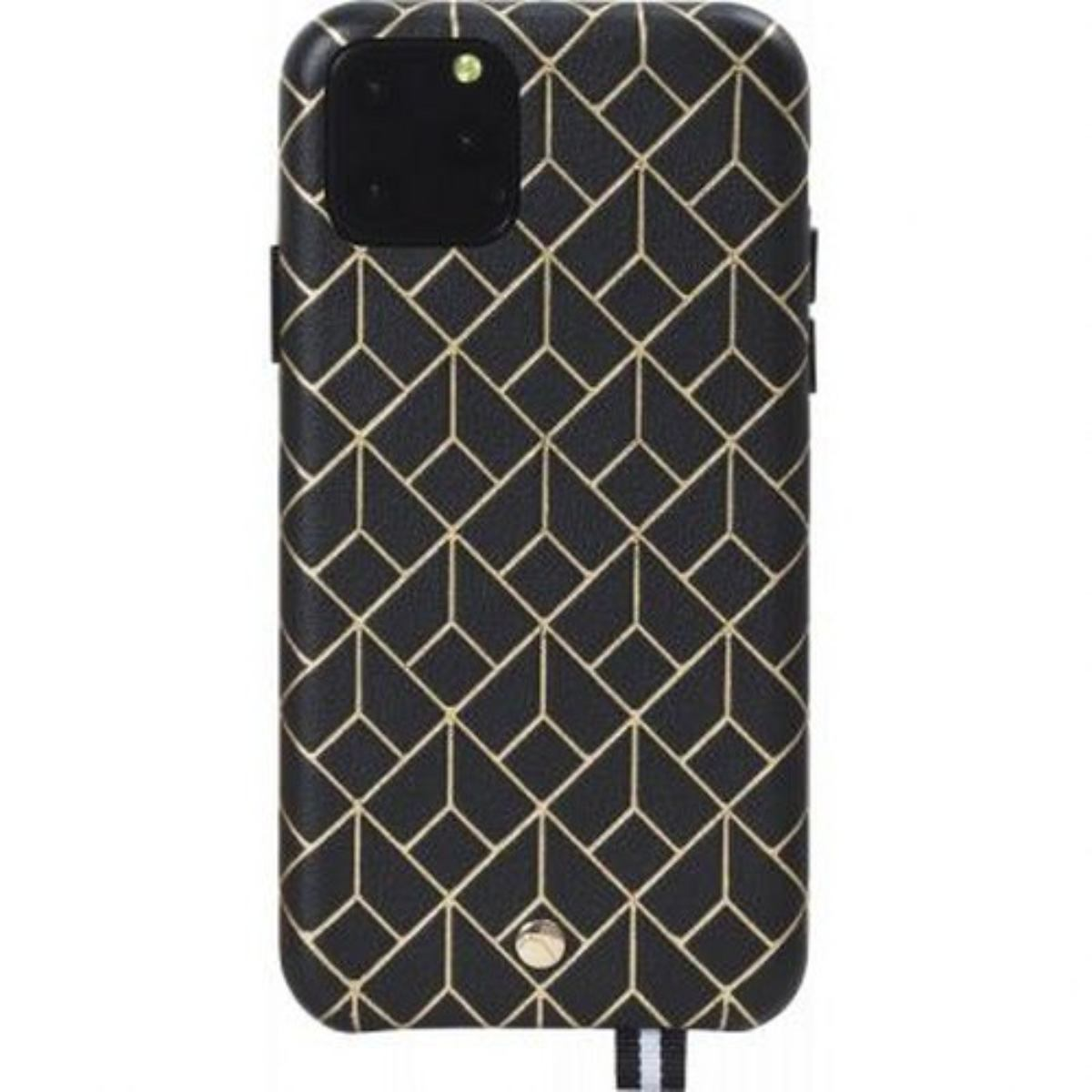 Custodia per telefono nera con un motivo geometrico dorato, che mostra la parte posteriore di un telefono.