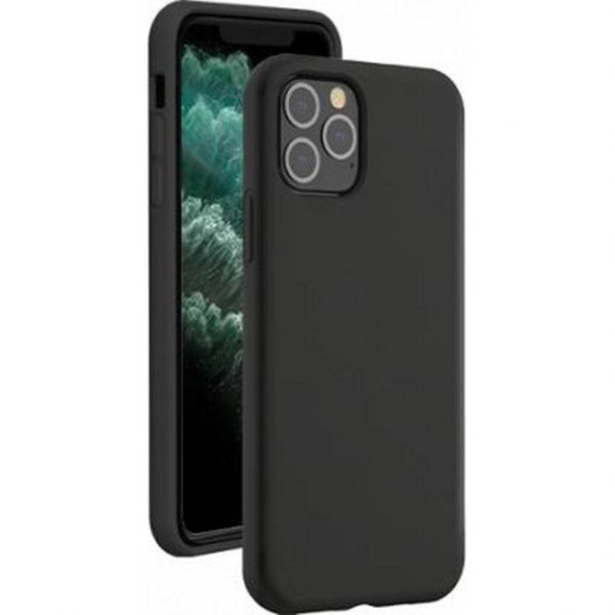 Custodia nera per telefono dal design semplice. La parte posteriore del telefono è visibile.