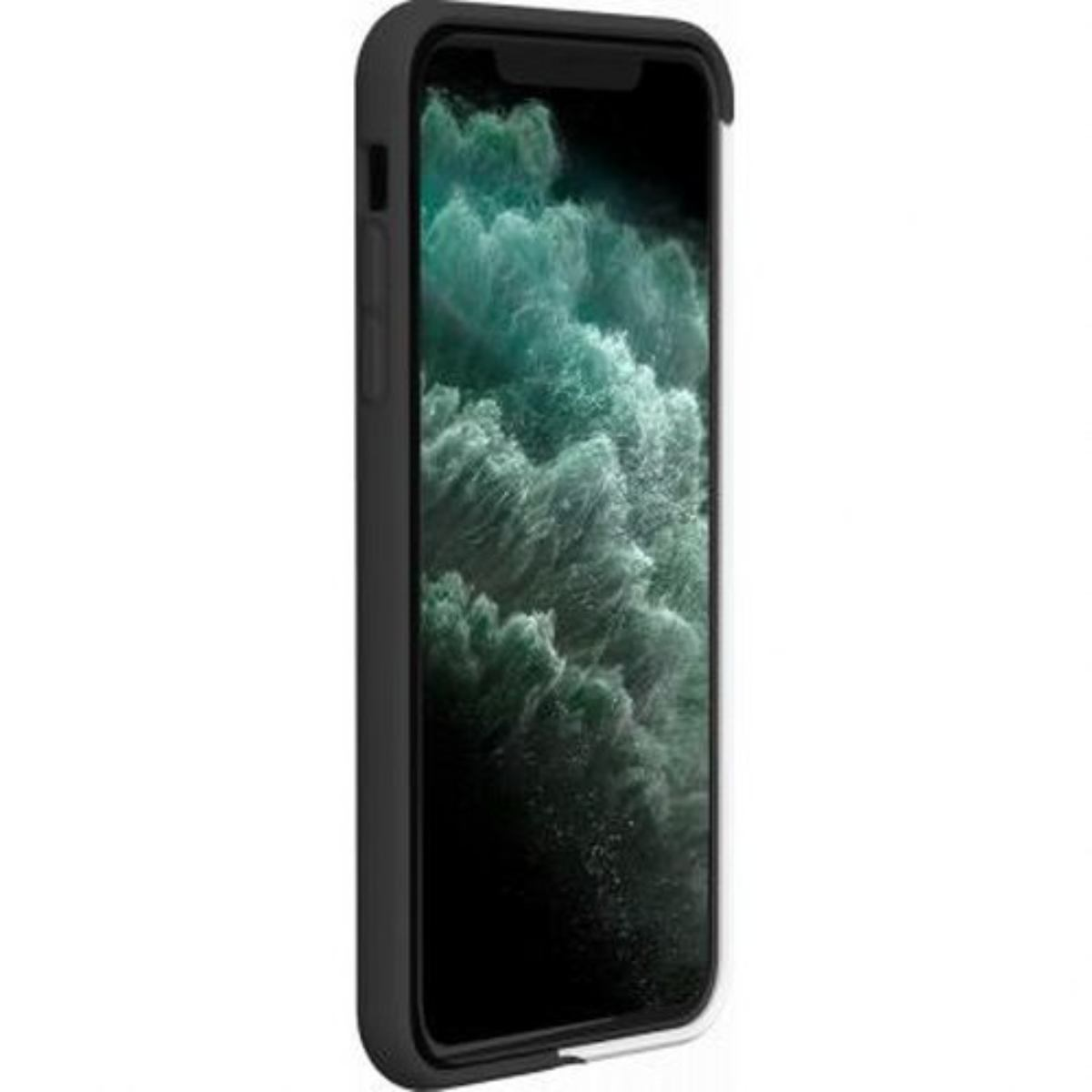 Custodia nera per telefono su un telefono, che mostra il lato e una vista parziale dello schermo.