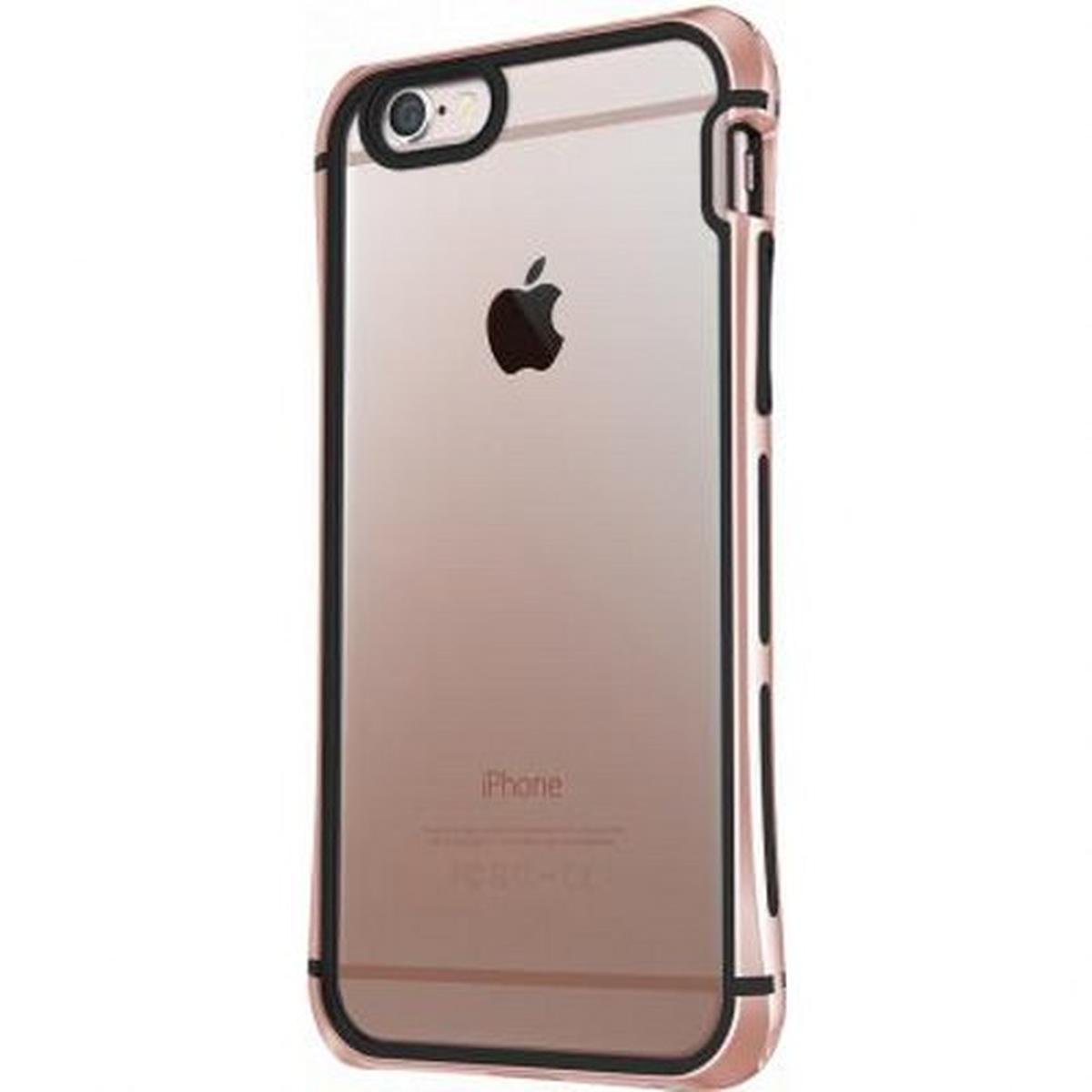 Funda transparente para teléfono en un teléfono rosa. El teléfono tiene un logotipo de Apple negro.