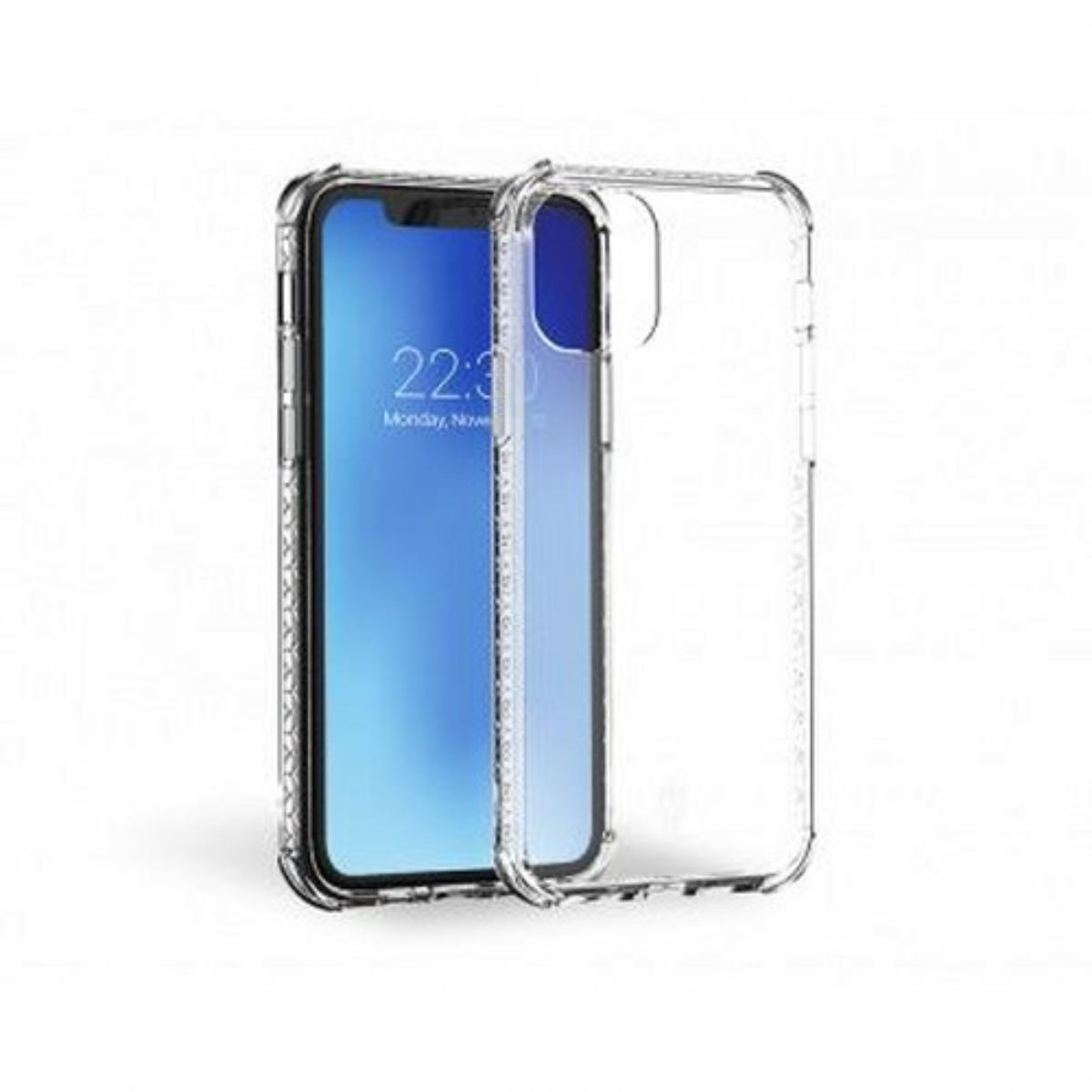 Un telefono in una custodia trasparente, che mostra uno schermo blu con l'ora e la data.