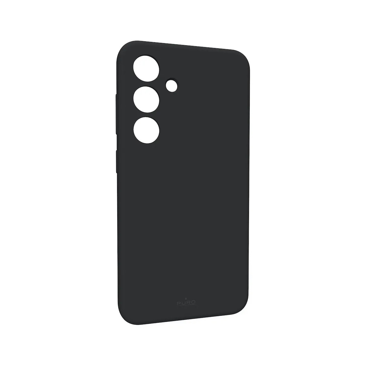 Custodia per telefono nera con tre fori per la fotocamera e un design elegante. La custodia è di PURO.