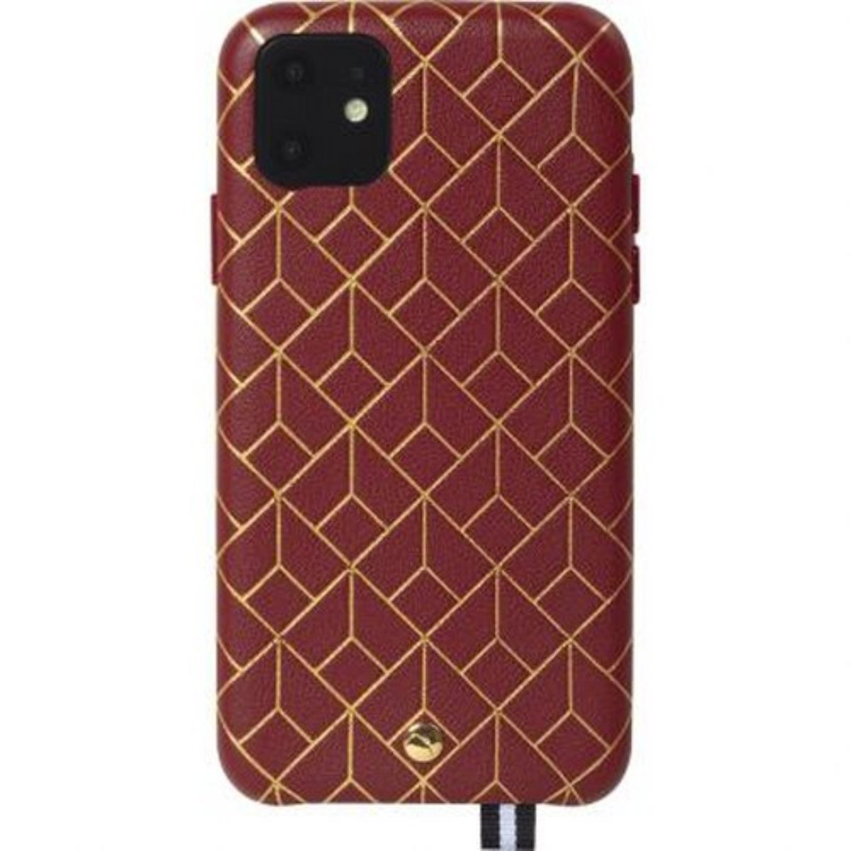 Custodia bordeaux con design geometrico dorato, con linguetta.
