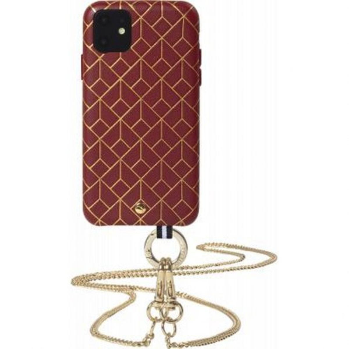 Telefono con custodia a fantasia rossa e oro, attaccato a una catena d'oro.