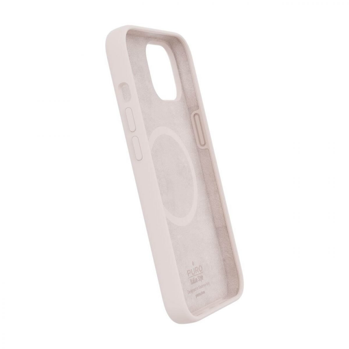 Custodia per telefono rosa chiaro. Marchio Puro Italian Style sul lato.