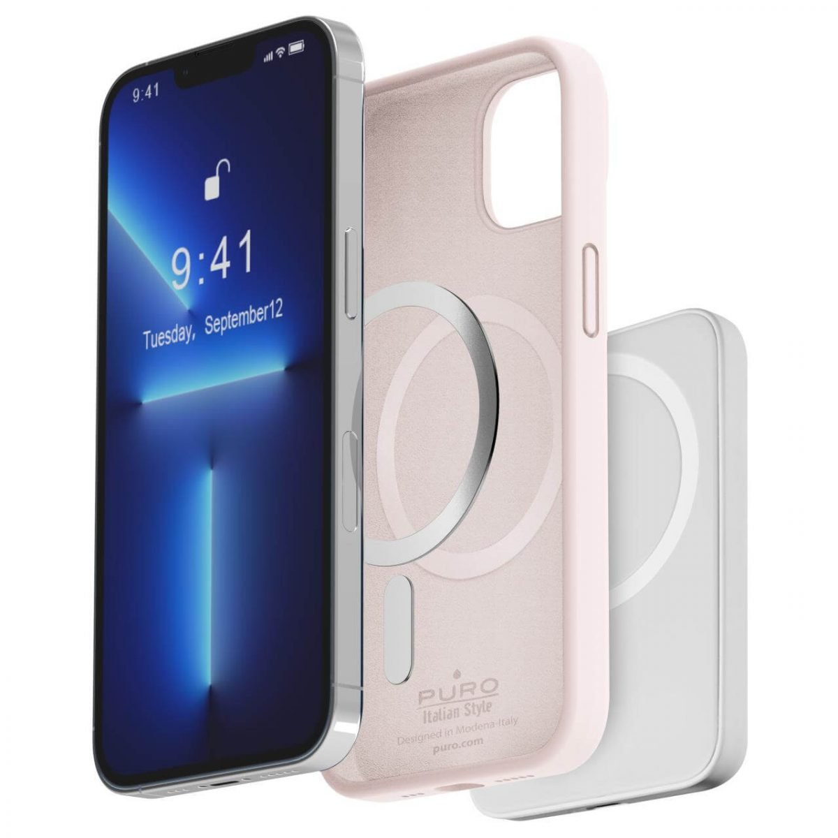 iPhone con custodia e power bank magnetico collegato. Custodia rosa, power bank bianco.