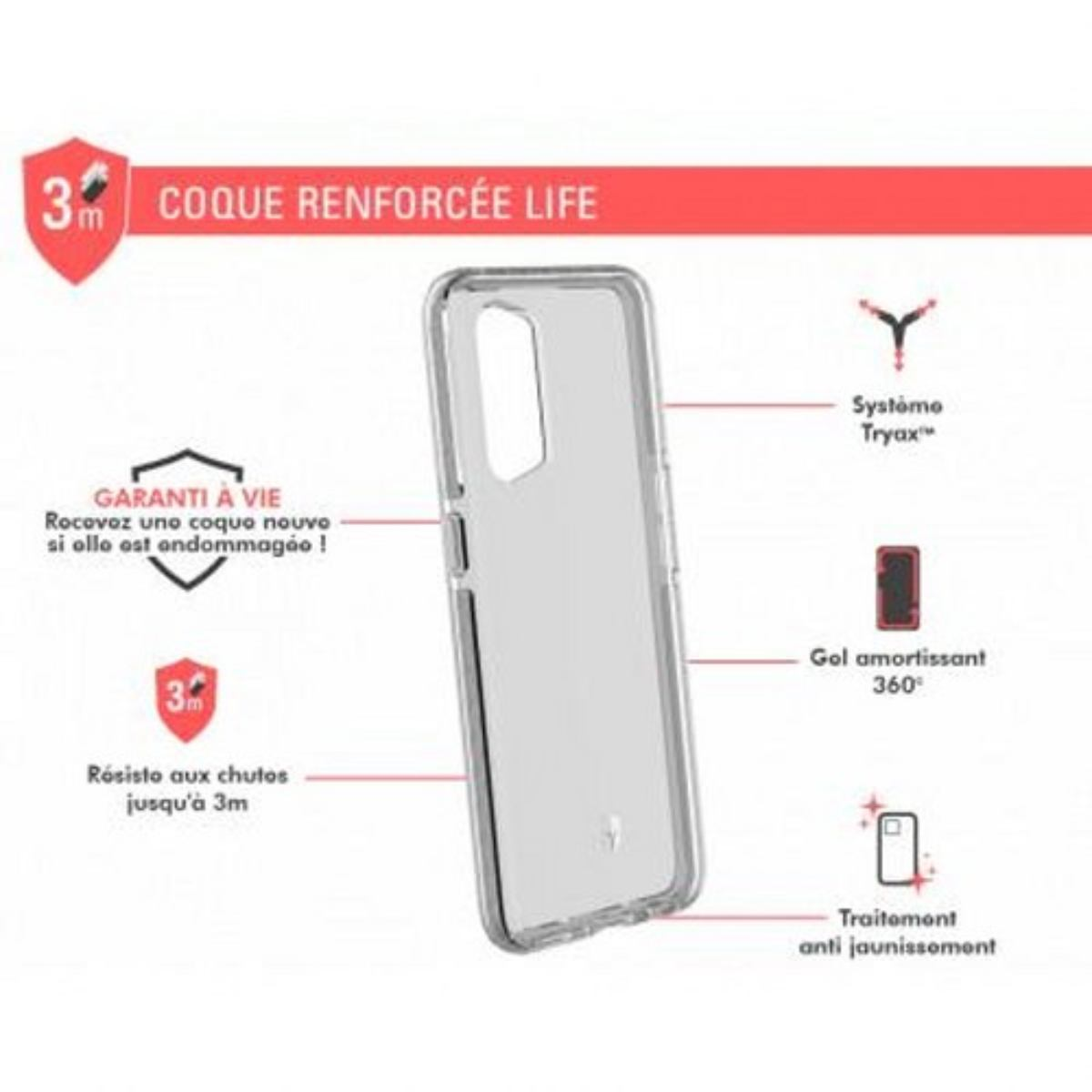 Custodia trasparente per telefono con marchio e icone protettive. Testo rosso. Sfondo bianco.