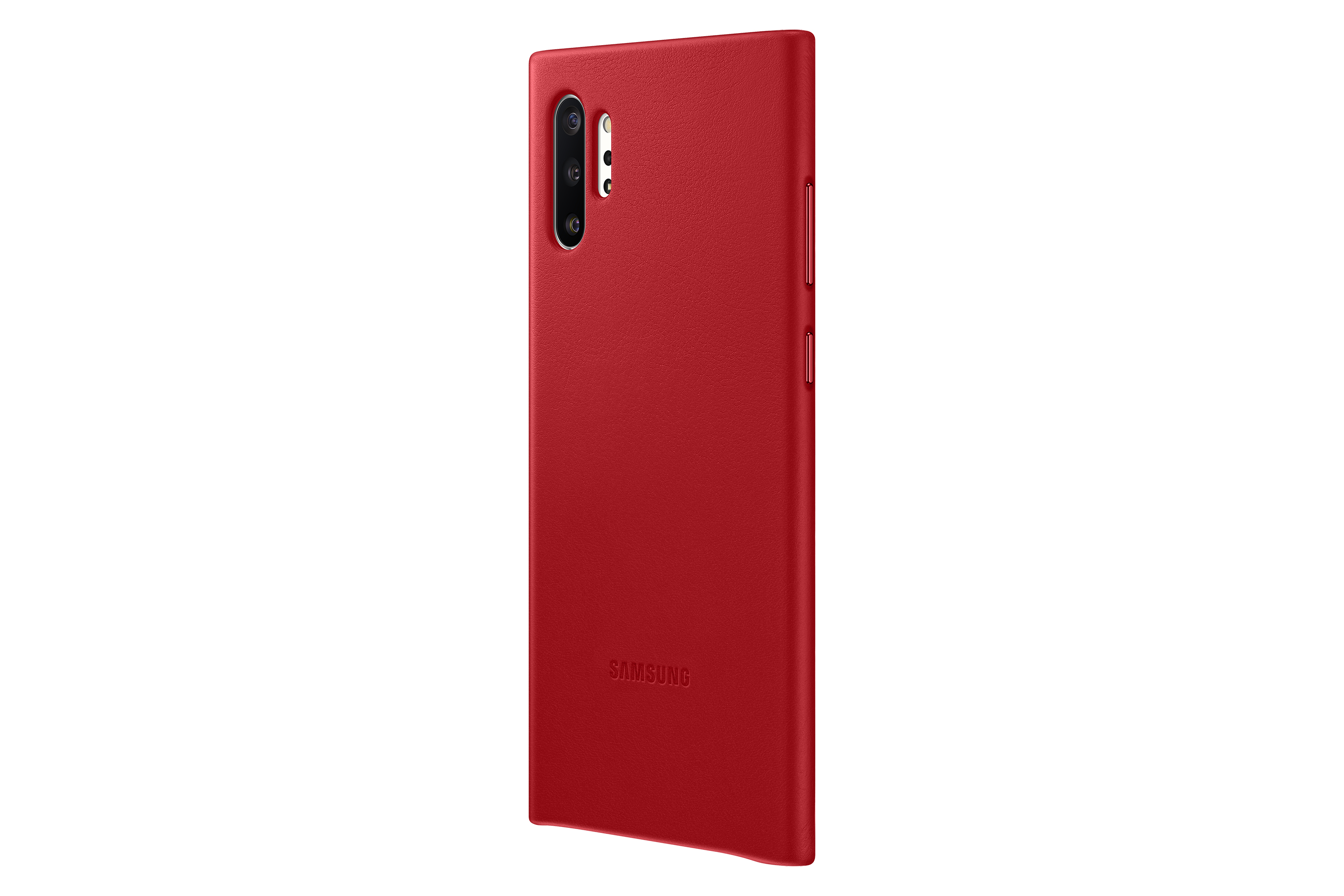 Rote Handyhülle, die die Rückseite eines Smartphones bedeckt. Die Hülle hat eine sichtbare Kamera und Samsung.