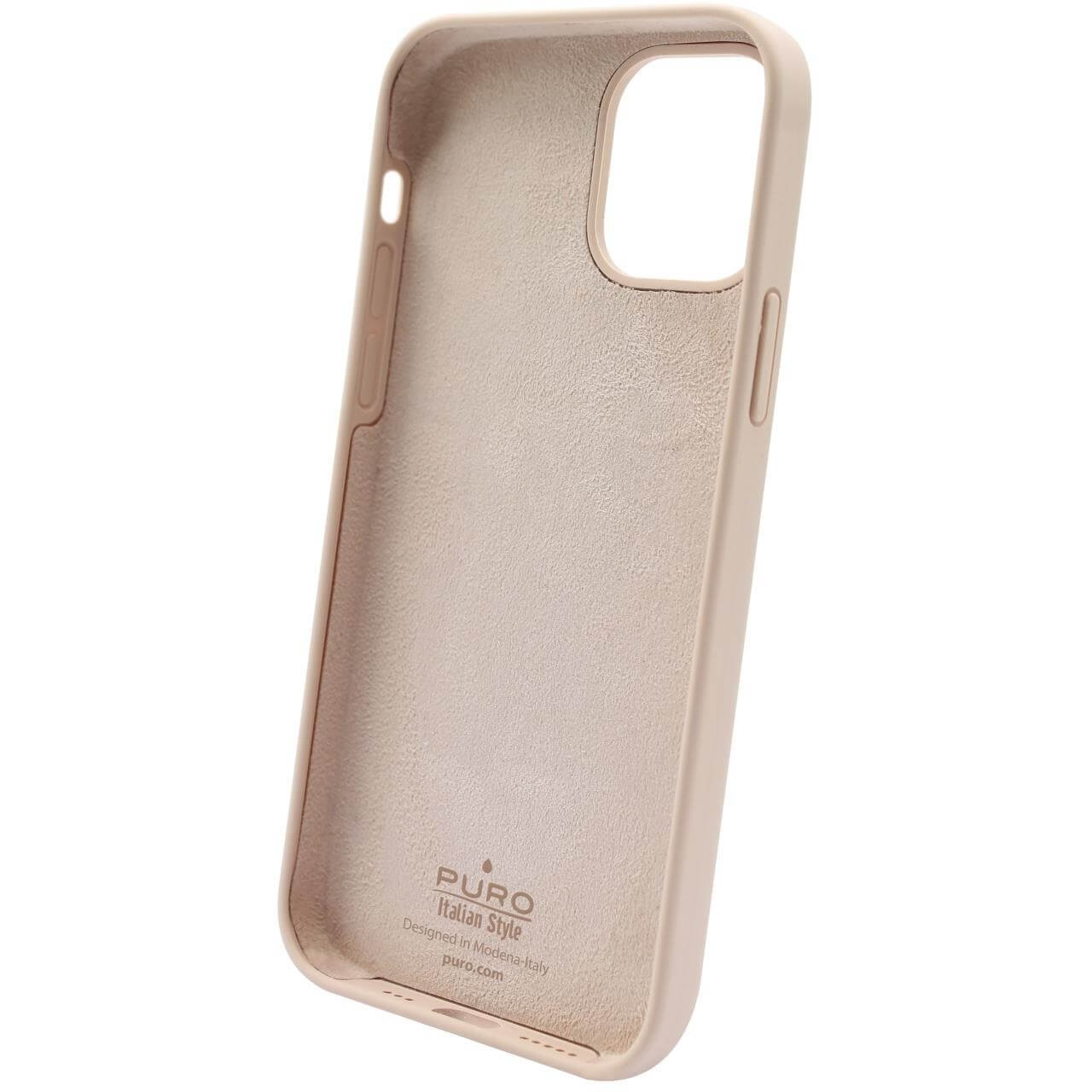 Una custodia per telefono con un interno beige liscio e il marchio 'PURO' stampato sopra.