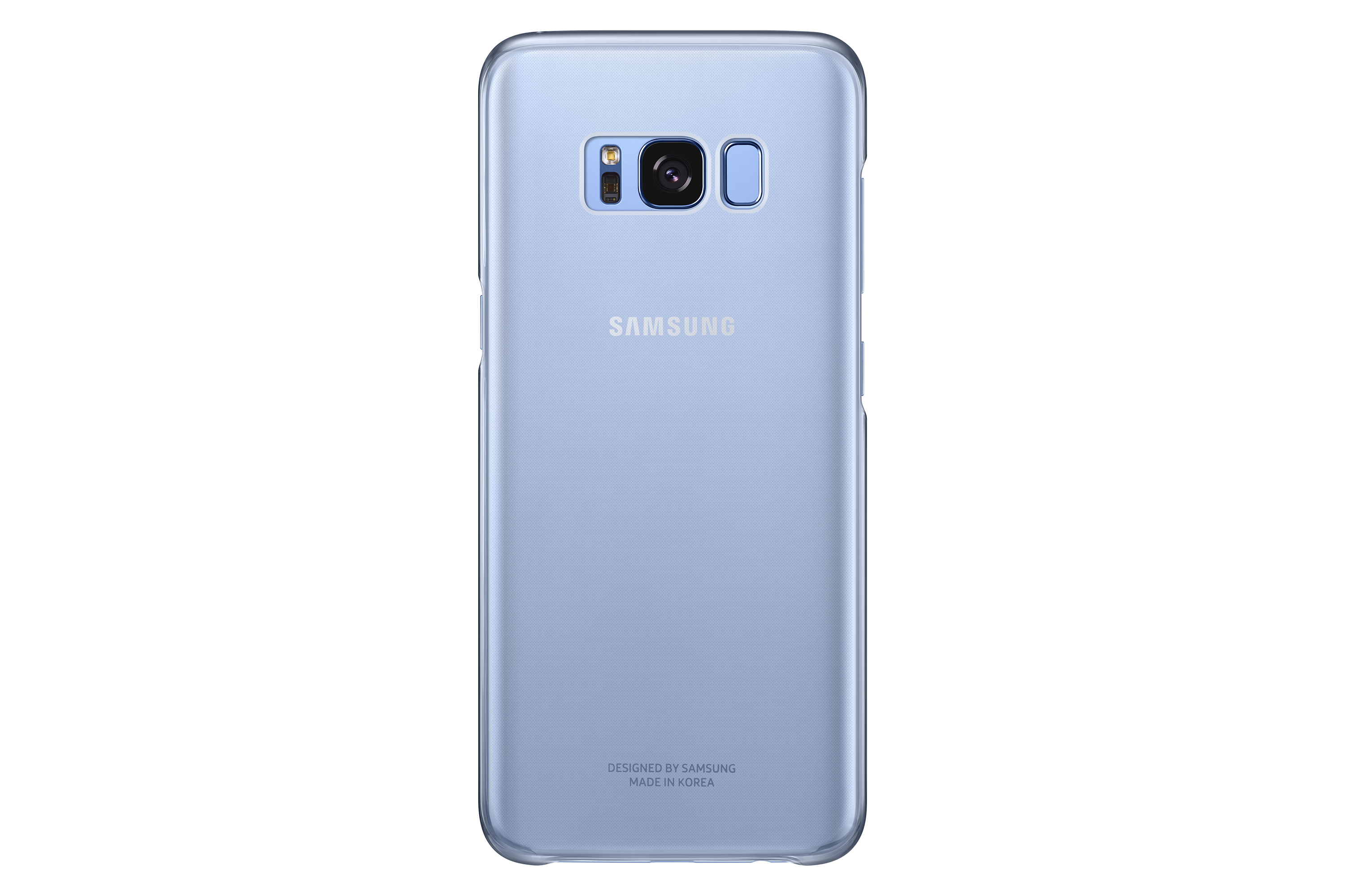 Retro di un telefono Samsung azzurro, con il logo Samsung.