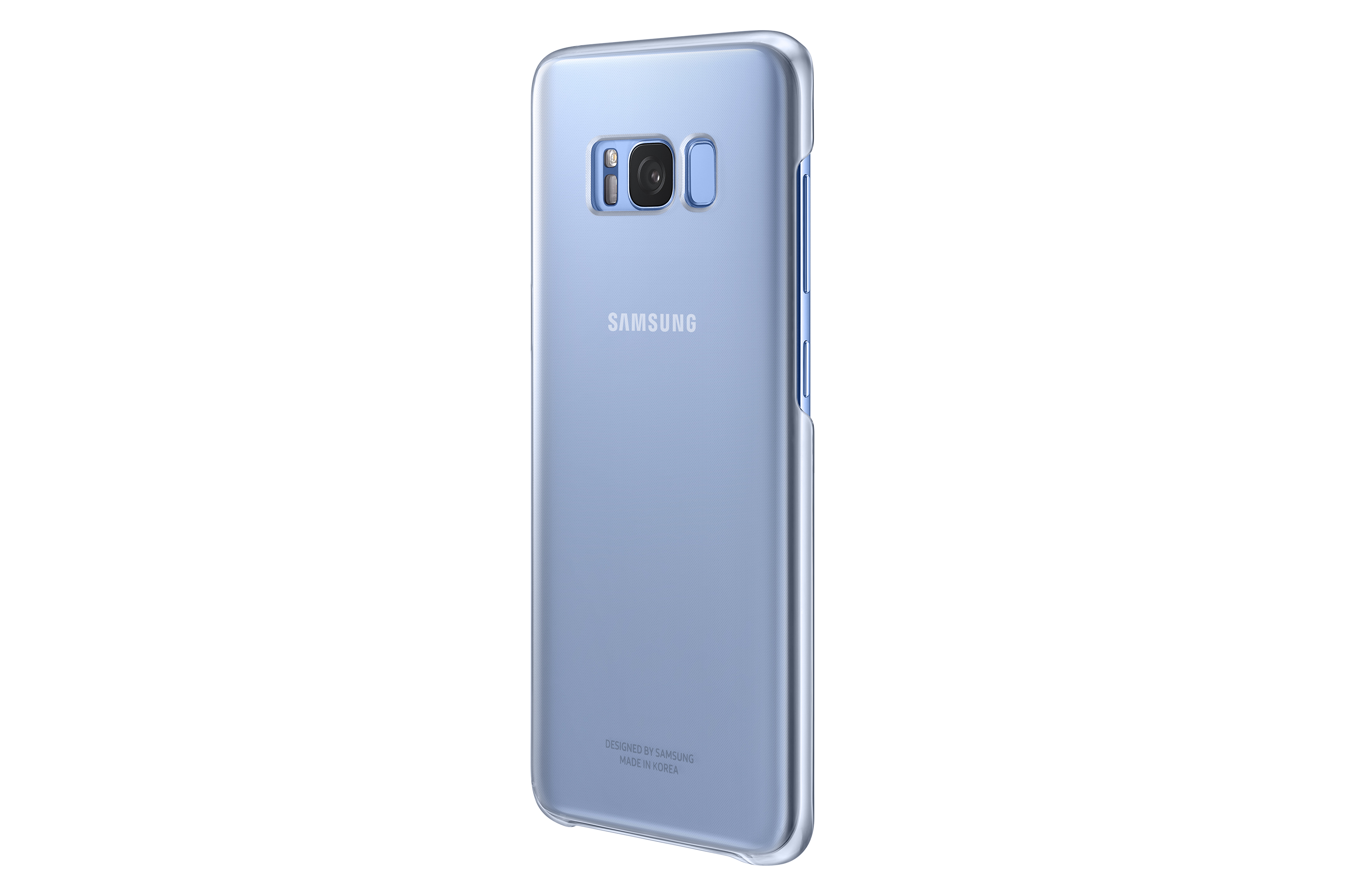 Telefono azzurro con custodia trasparente. La fotocamera e il marchio Samsung sono visibili su sfondo bianco.