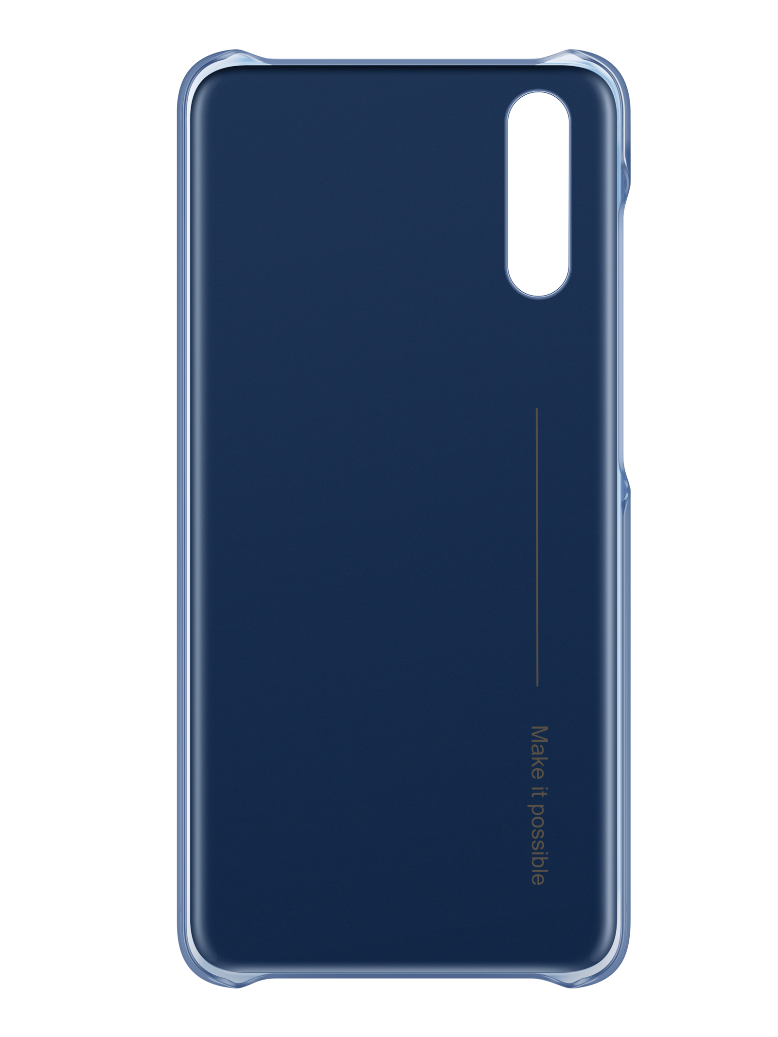 Custodia blu per telefono con intaglio per fotocamera e testo 'Make it possible'.