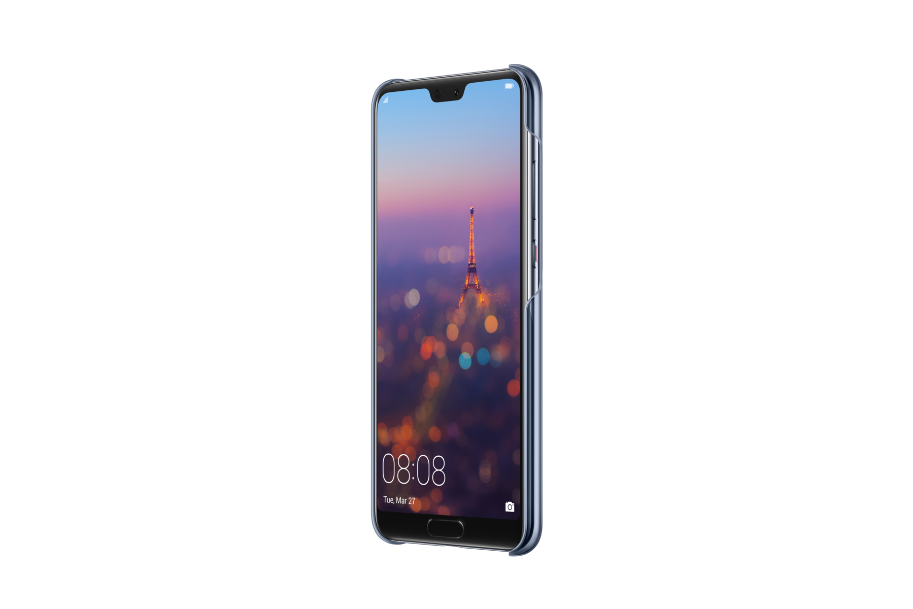 Un telefono blu che mostra una vista della città, su sfondo bianco. L'ora è 08:08.