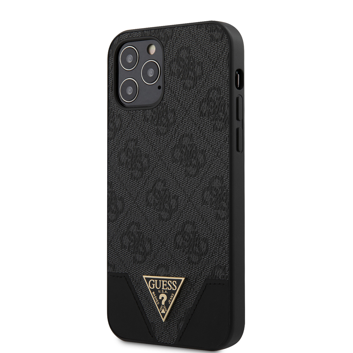 Custodia nera con logo Guess. Custodia nera con motivo strutturato.