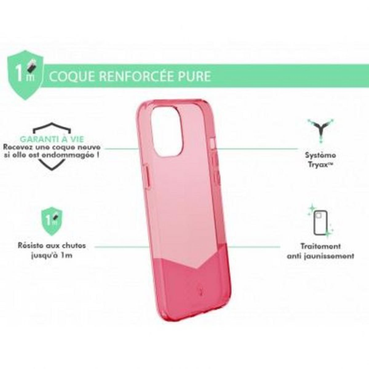 Custodia rosa con metà inferiore trasparente. Con testo e grafica.