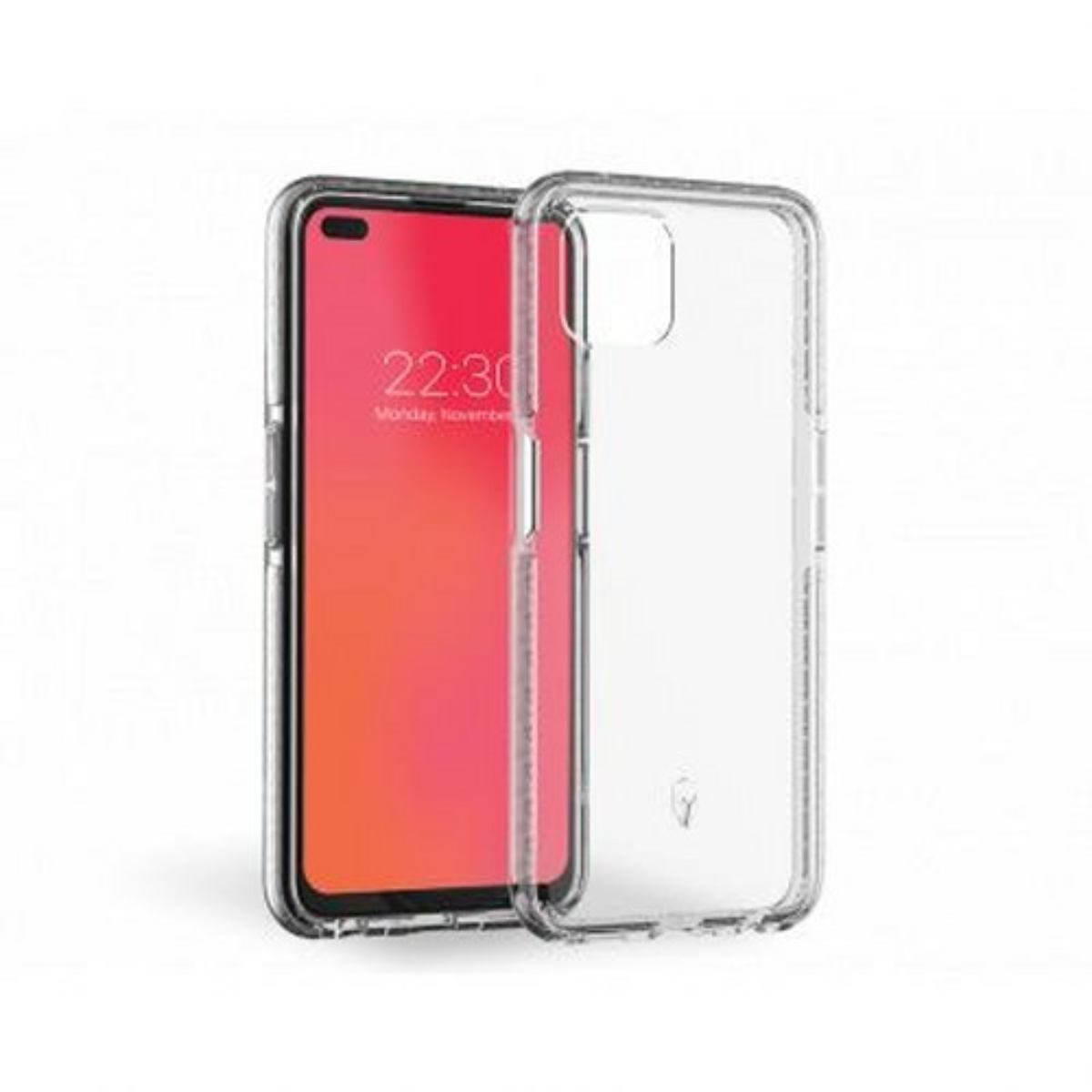 Transparente Handyhülle mit Handy. Der Bildschirm zeigt einen roten und violetten Farbverlauf.