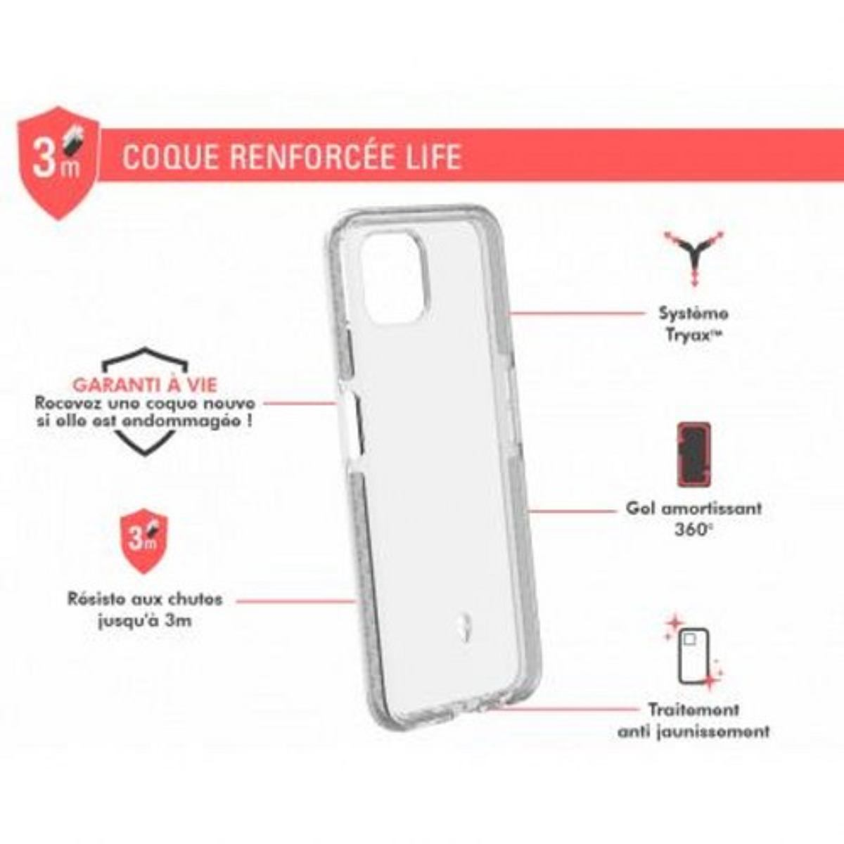 Transparente Handyhülle mit Text. Informationen über Schutz und Haltbarkeit werden angezeigt.