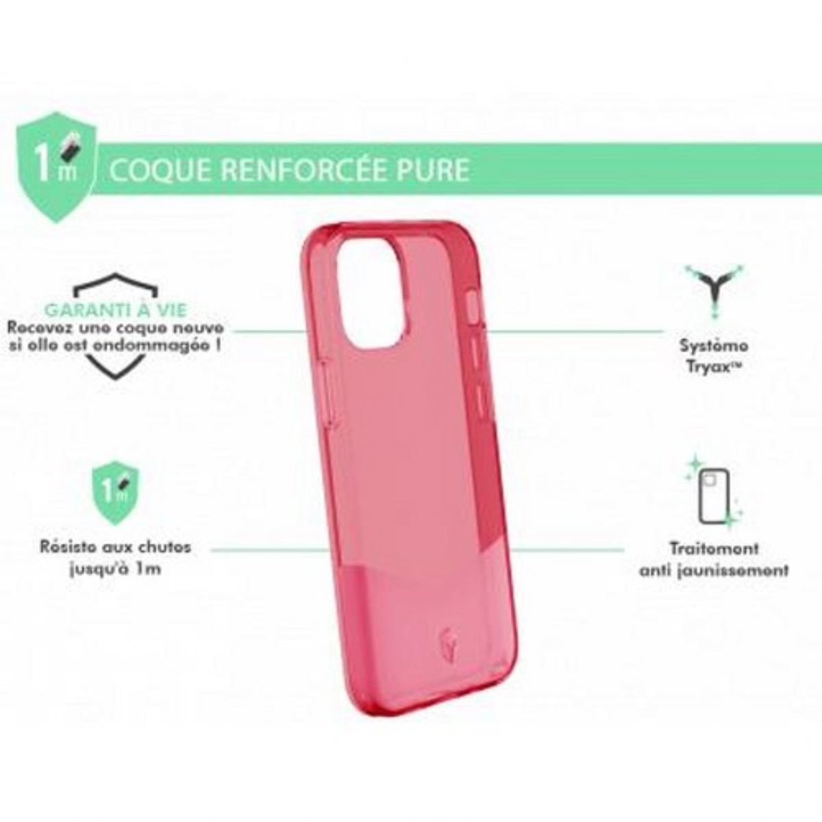 Una custodia rosa trasparente con testo e diagrammi. La custodia è su sfondo bianco.